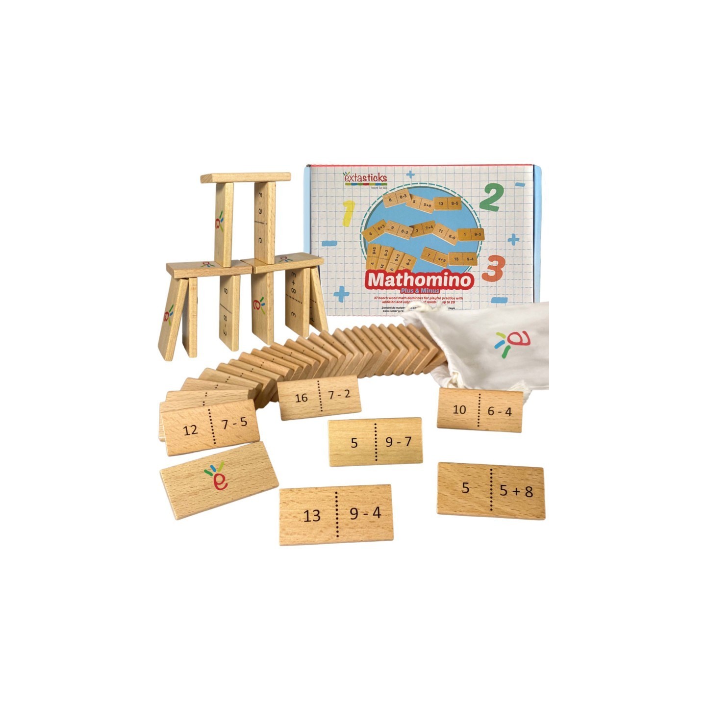 Extasticks Mathomino Plus & Minus up to 20 Addition & Subtraction Wooden Math Domino Game