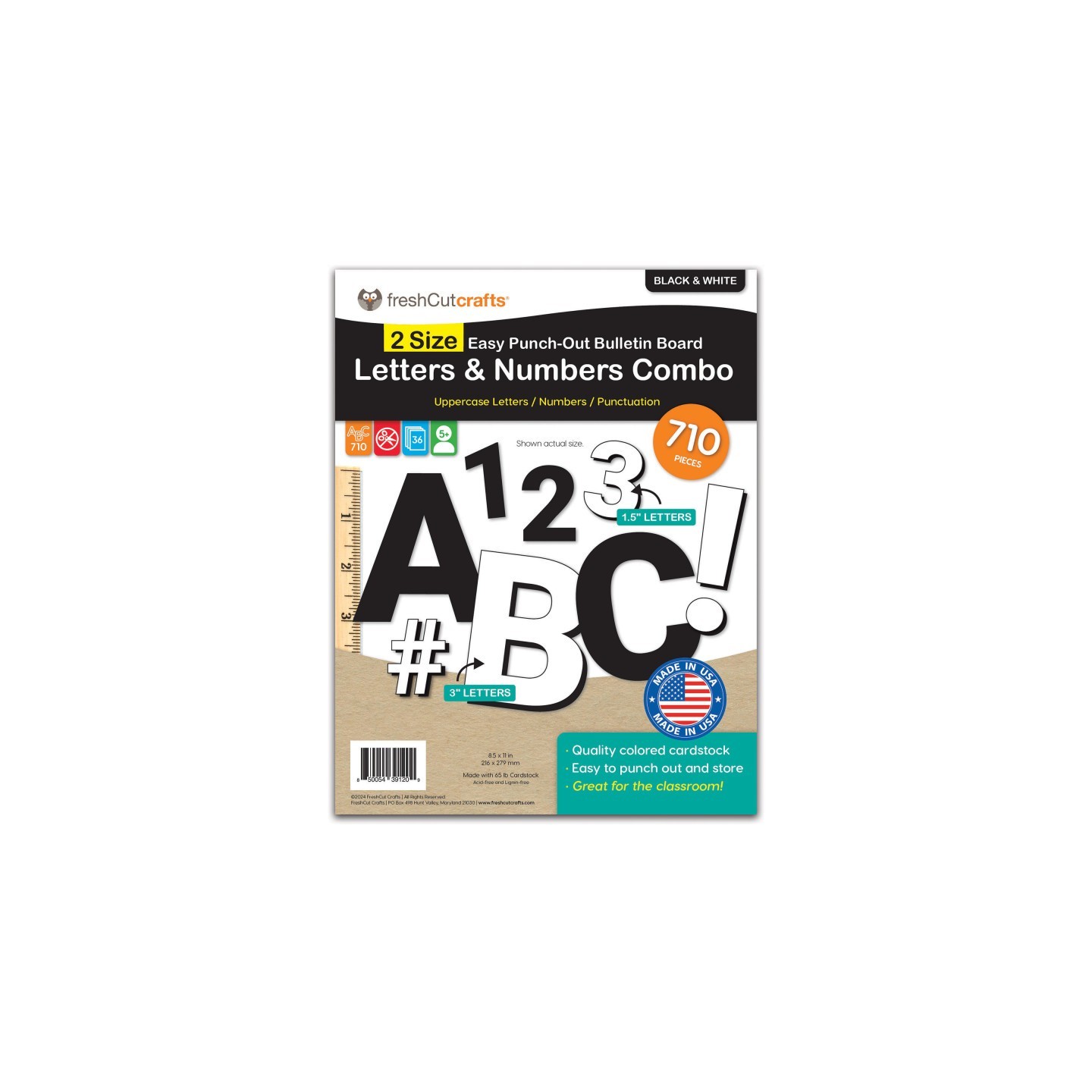 FreshCut Crafts Bulletin Board Letters & Numbers, Black & White, 1.5in & 3in, 710 Pieces