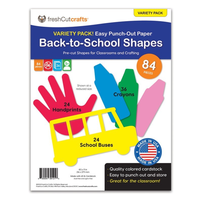 FreshCut Crafts Punch Out Paper Cutouts, Back to School Shapes, Handprints, Crayons & School Bus, 84 Pieces