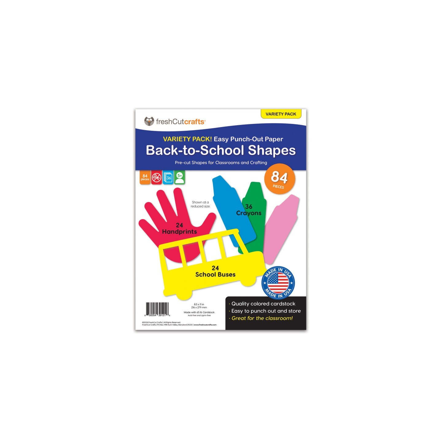 FreshCut Crafts Punch Out Paper Cutouts, Back to School Shapes, Handprints, Crayons & School Bus, 84 Pieces