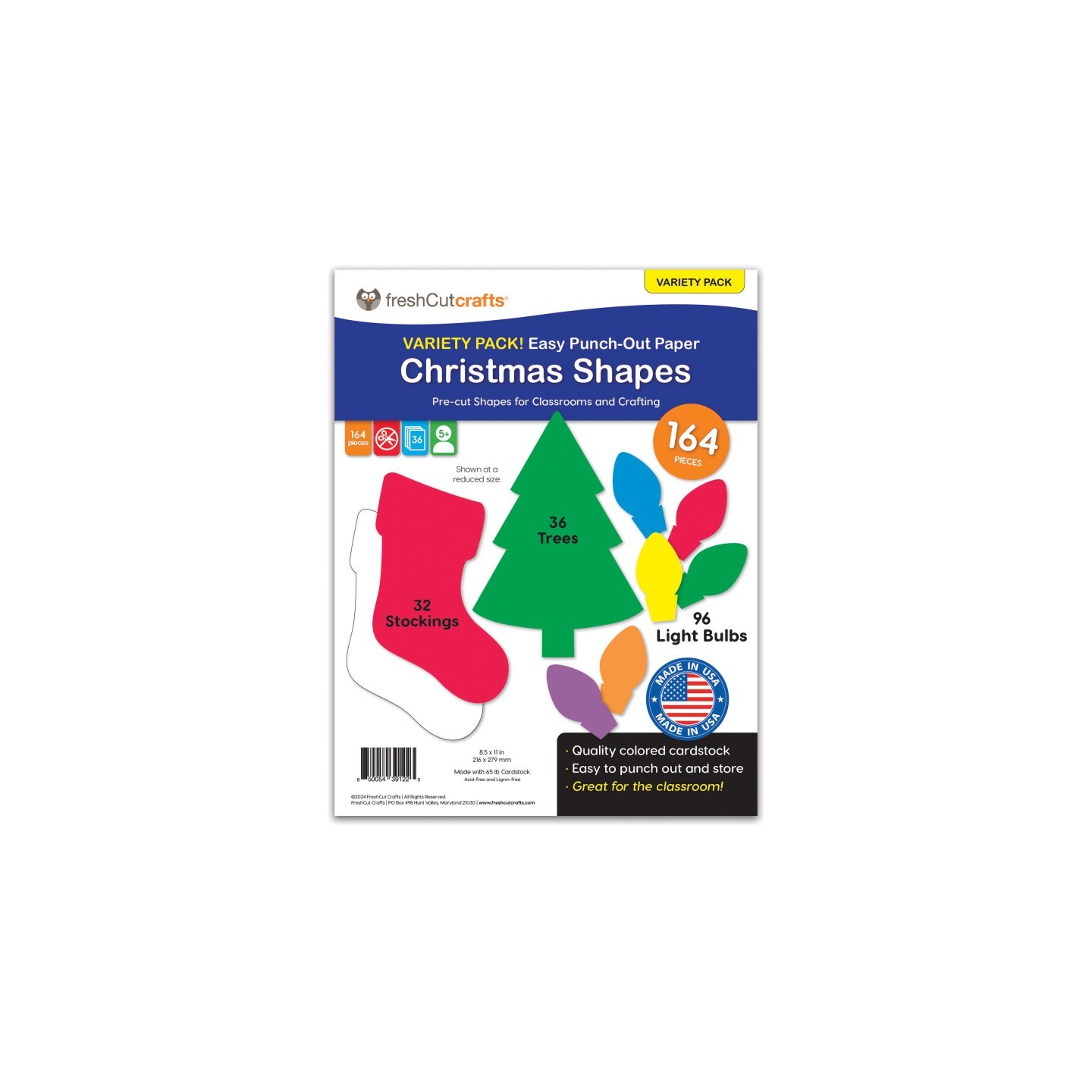 FreshCut Crafts Punch Out Paper Cutouts, Christmas Shapes, Trees, Stockings & Light Bulb, 164 Pieces