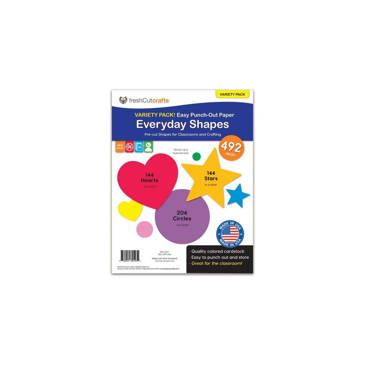 FreshCut Crafts Punch Out Paper Cutouts, Everyday Shapes, Hearts, Stars & Circles, 492 Pieces