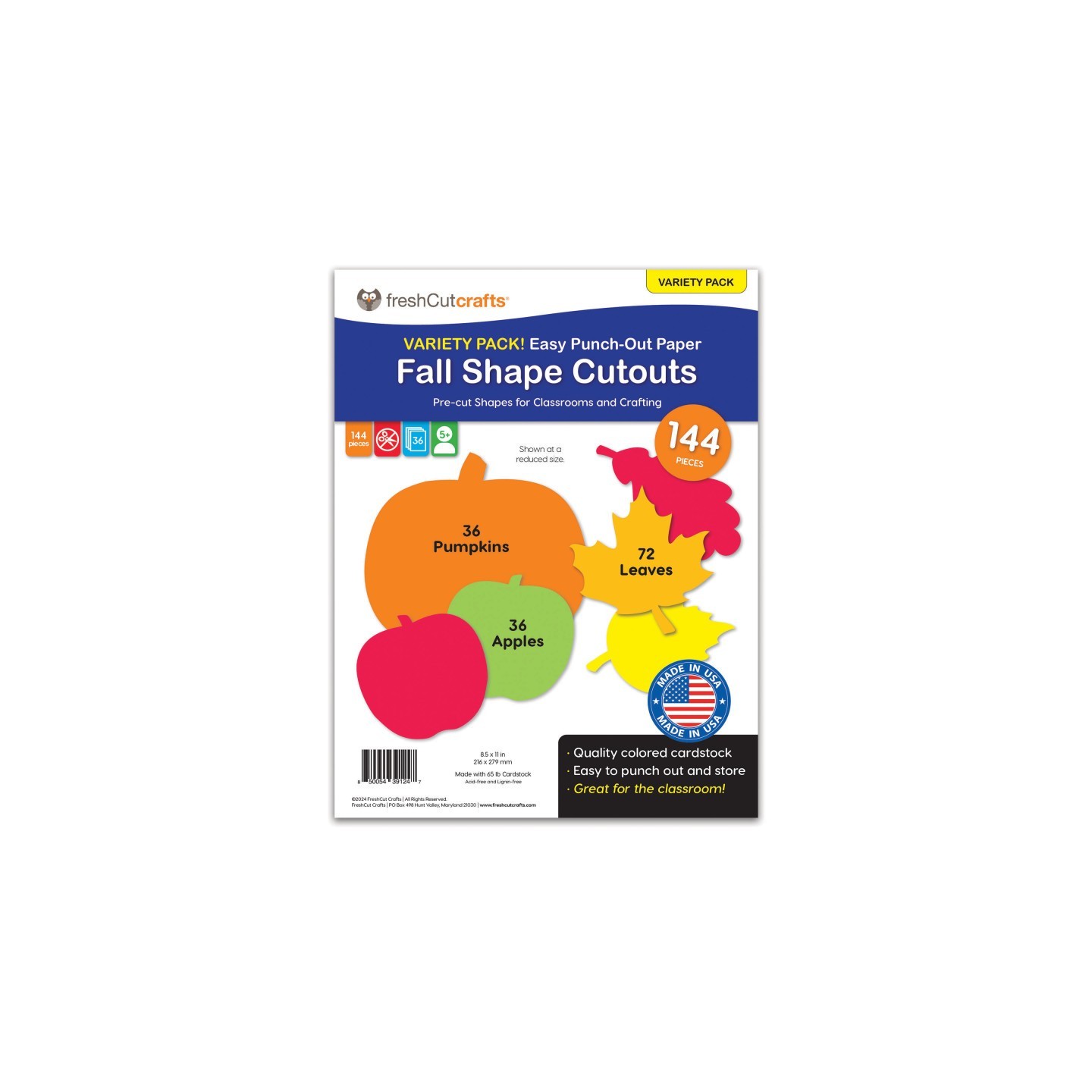 FreshCut Crafts Punch Out Paper Cutouts, Fall Shapes, Leaves, Pumpkins & Apples, 144 Pieces