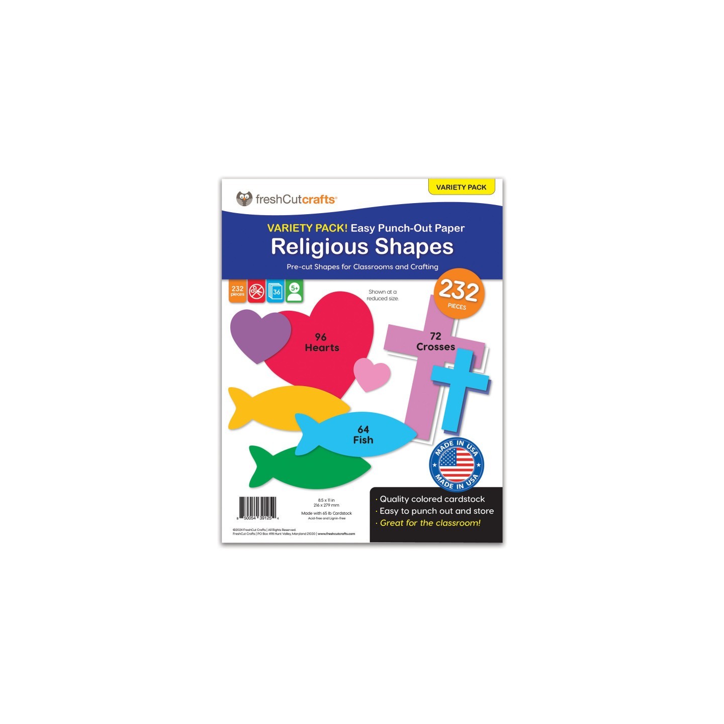 FreshCut Crafts Punch Out Paper Cutouts, Religious Shapes, Cross, Heart & Fish, 232 Pieces