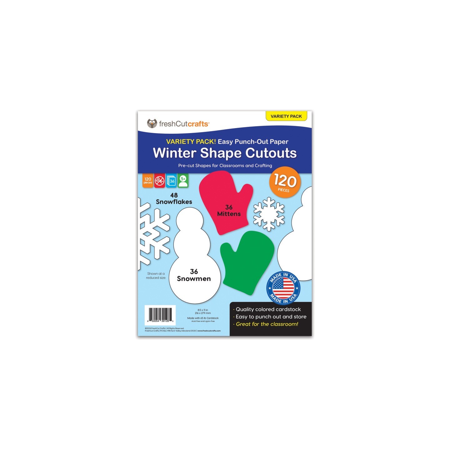 FreshCut Crafts Punch Out Paper Cutouts, Winter Shapes, Snowflakes, Mittens & Snowman, 120 Pieces