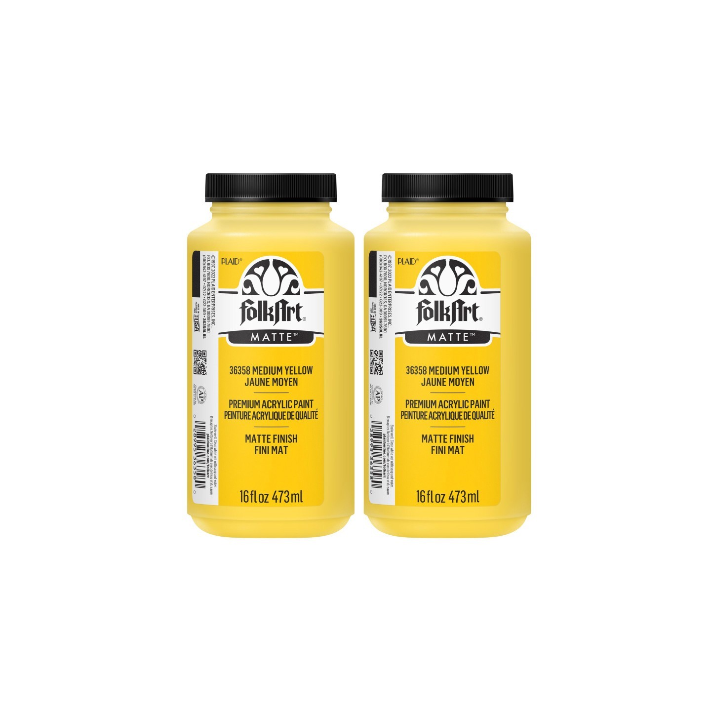 FolkArt Acrylic Paint Matte, 16oz., Medium Yellow, Pack of 2