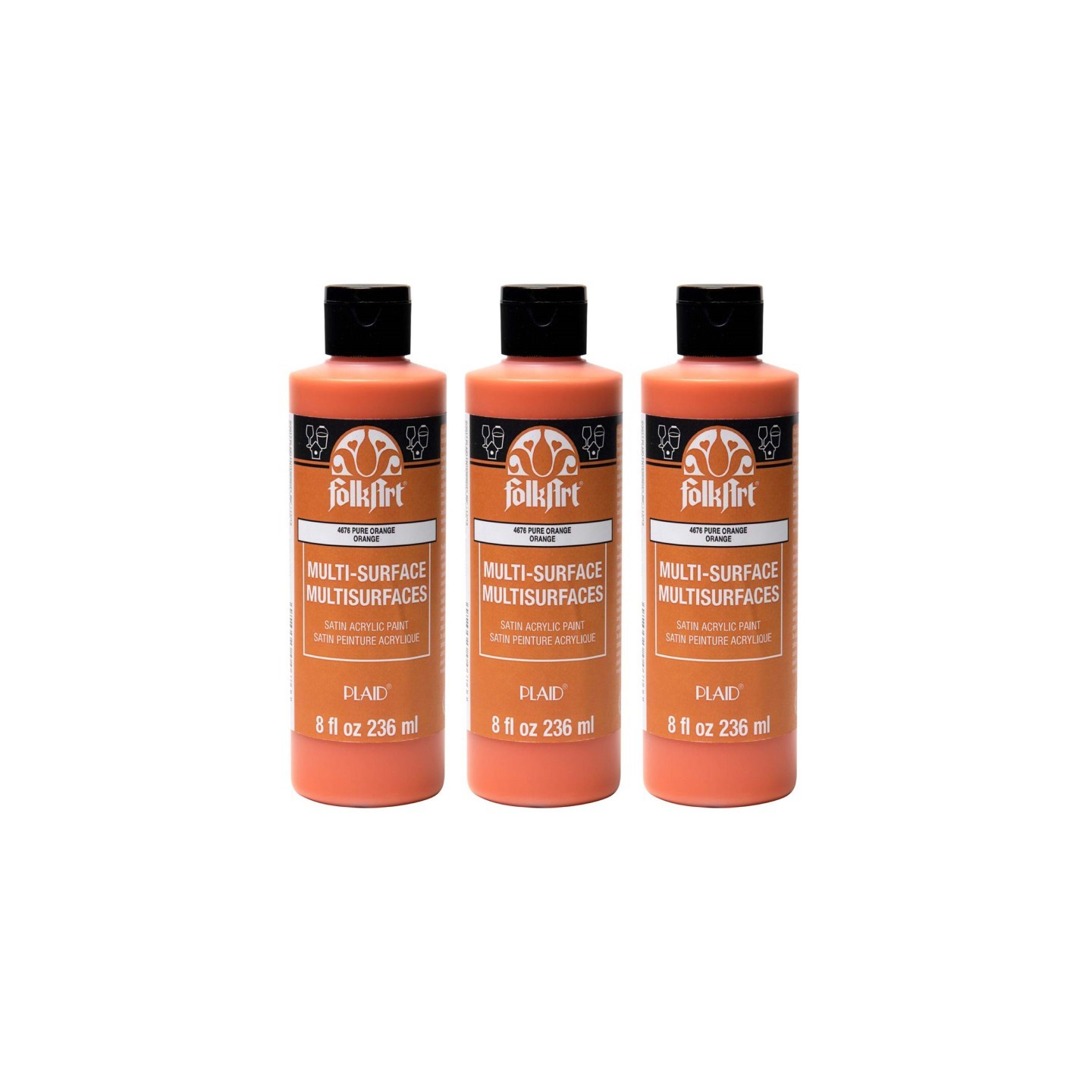 FolkArt Acrylic Paint Multi-Surface Satin, 8oz., Pure Orange, Pack of 3