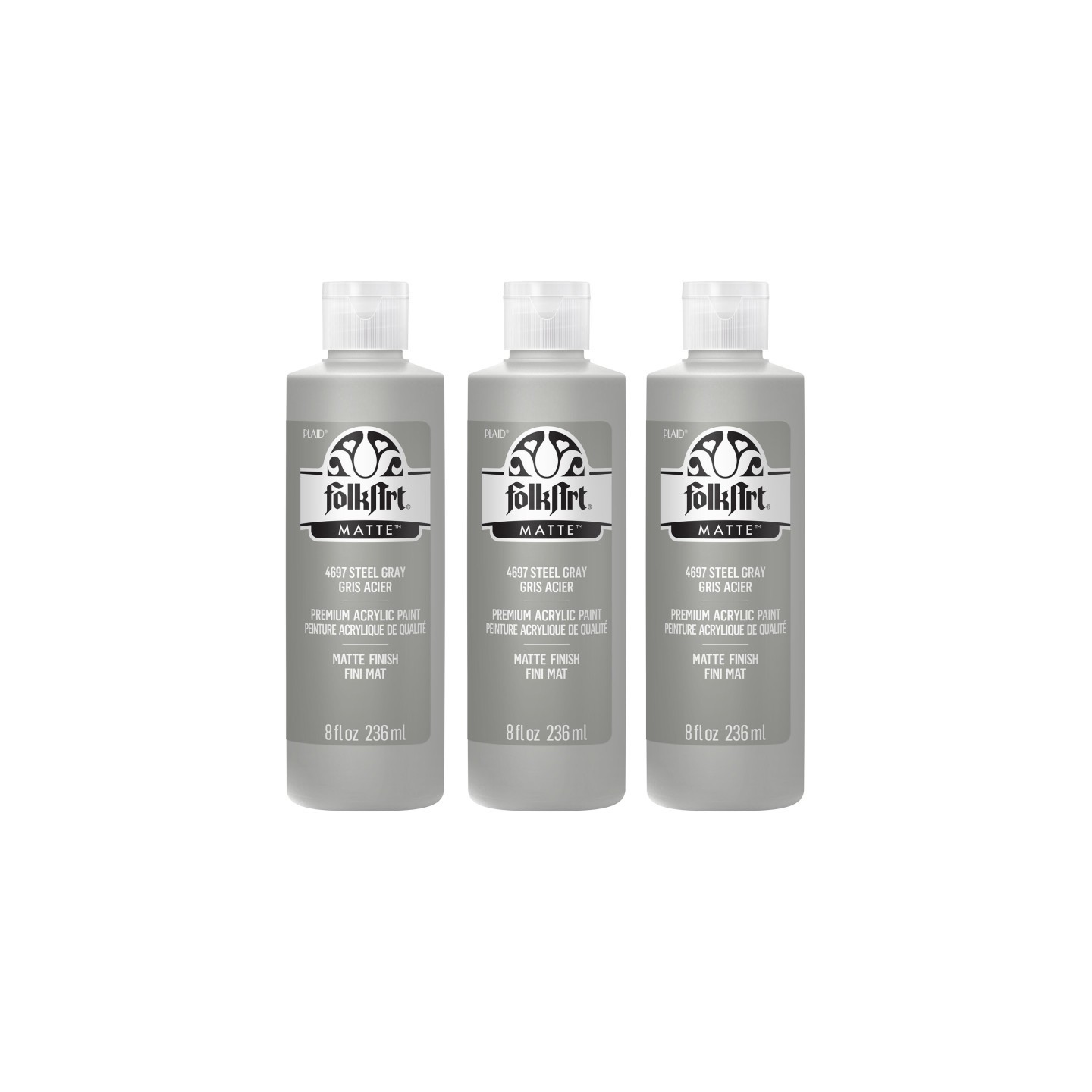 FolkArt Acrylic Paint Matte, 8oz., Steel Gray, Pack of 3