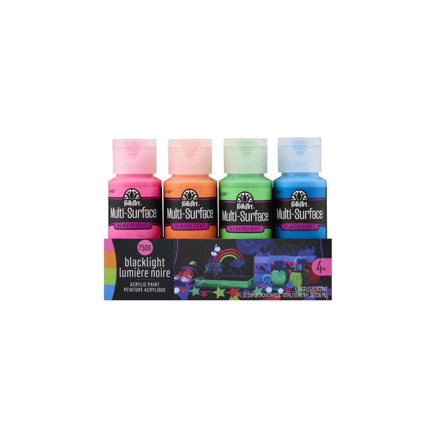 FolkArt Multi-Surface Acrylic Paint Set, 2oz., Neon Blacklight, 4-Piece Set