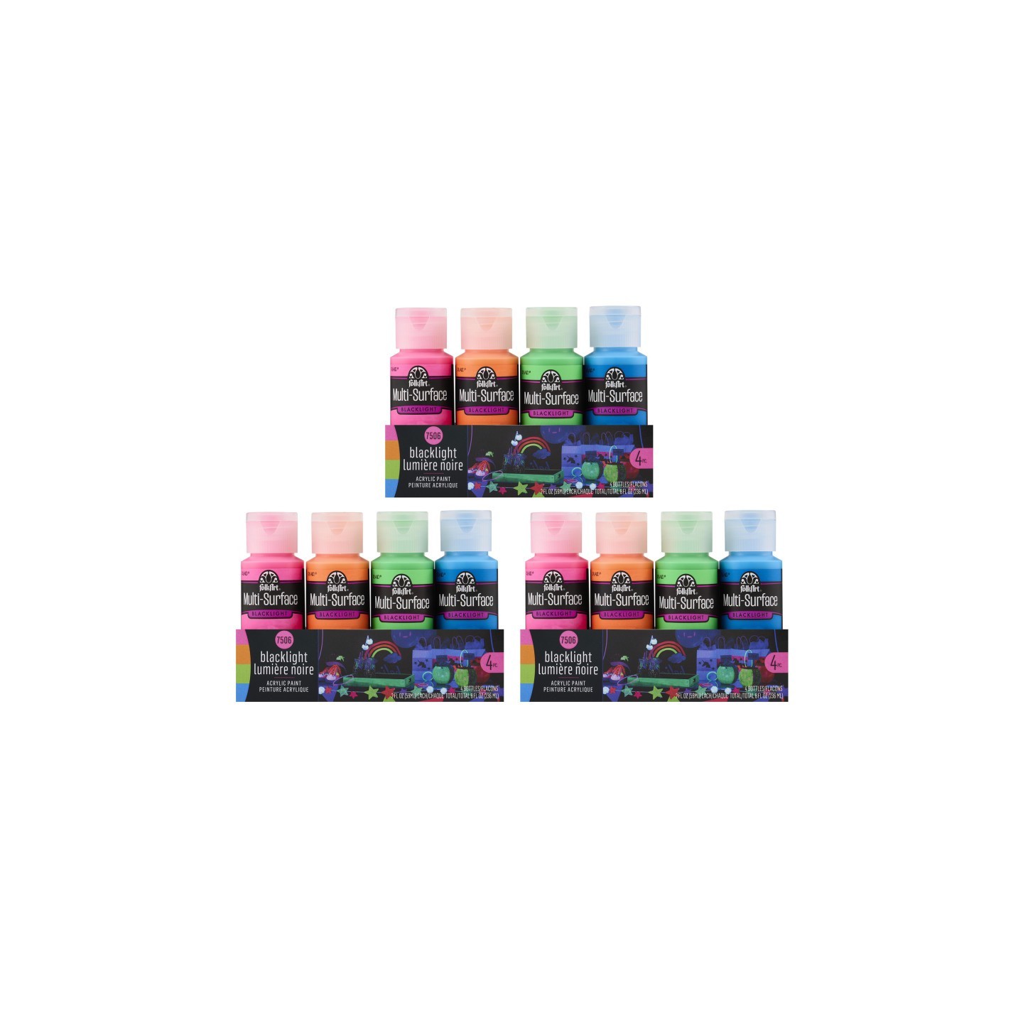 FolkArt Multi-Surface Acrylic Paint Set, 2oz., Neon Blacklight, 4 Per Set, 3 Sets