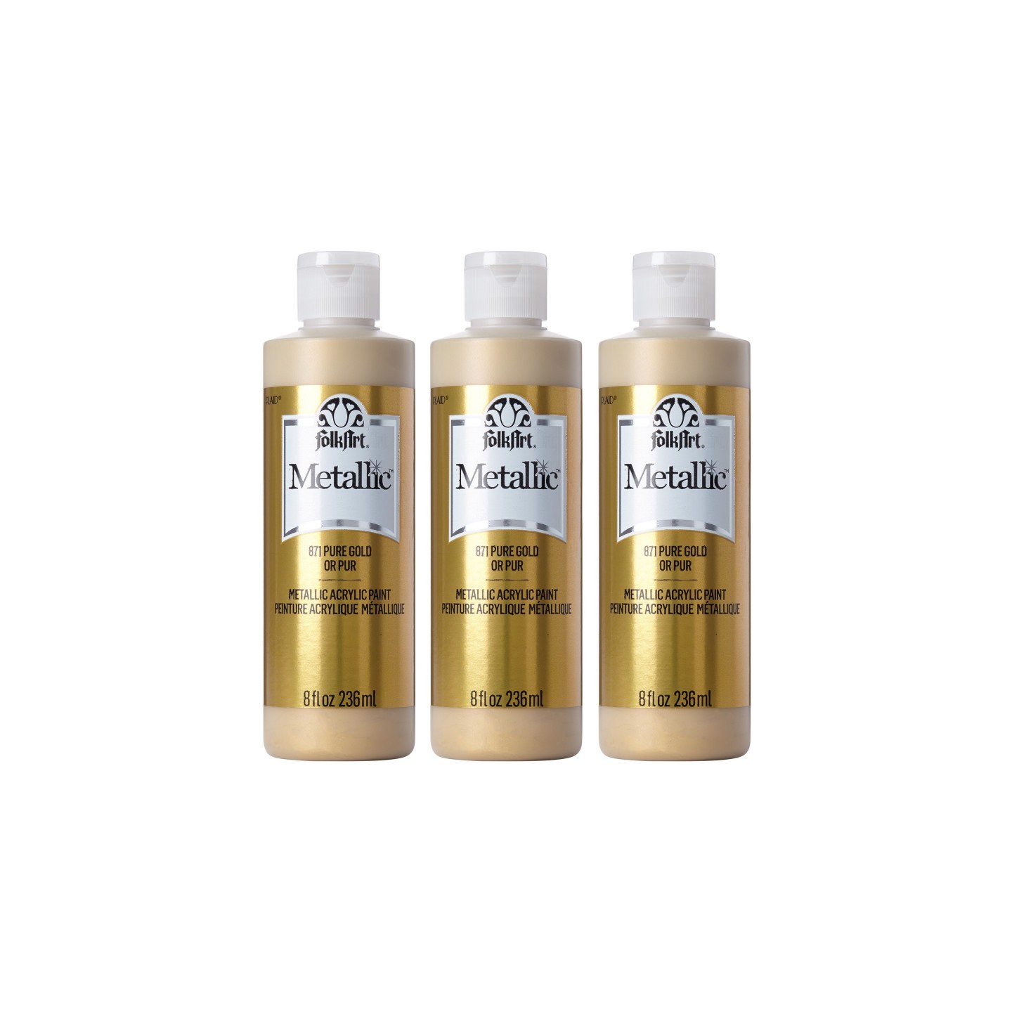 FolkArt Acrylic Paint Metallic, 8oz., Pure Gold, Pack of 3