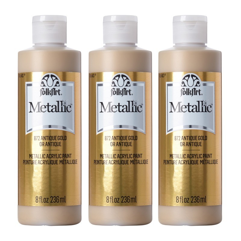 FolkArt Acrylic Paint Metallic, 8oz., Antique Gold Metallic, Pack of 3