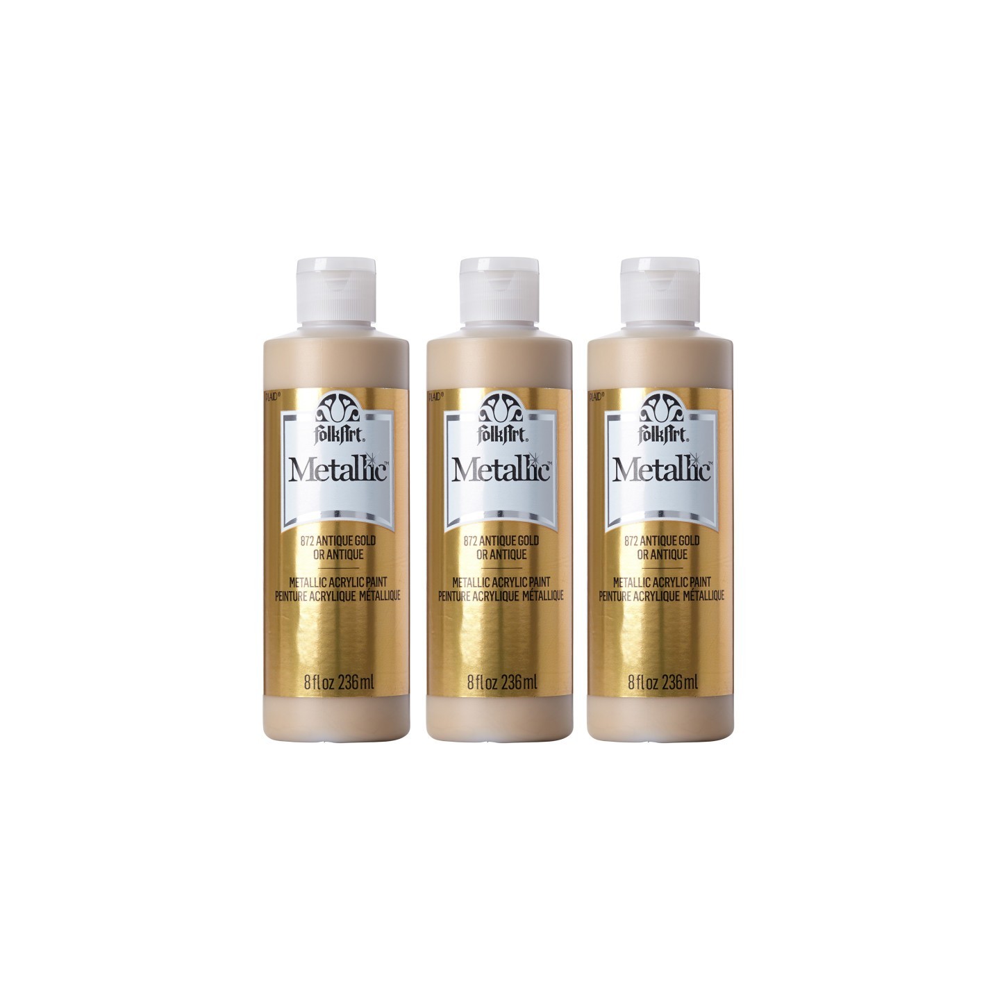 FolkArt Acrylic Paint Metallic, 8oz., Antique Gold Metallic, Pack of 3