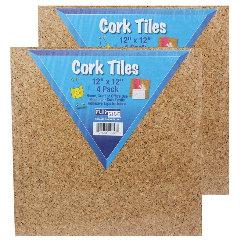 Flipside Products Natural Cork Tiles, 12" x 12", 4 Per Pack, 2 Packs