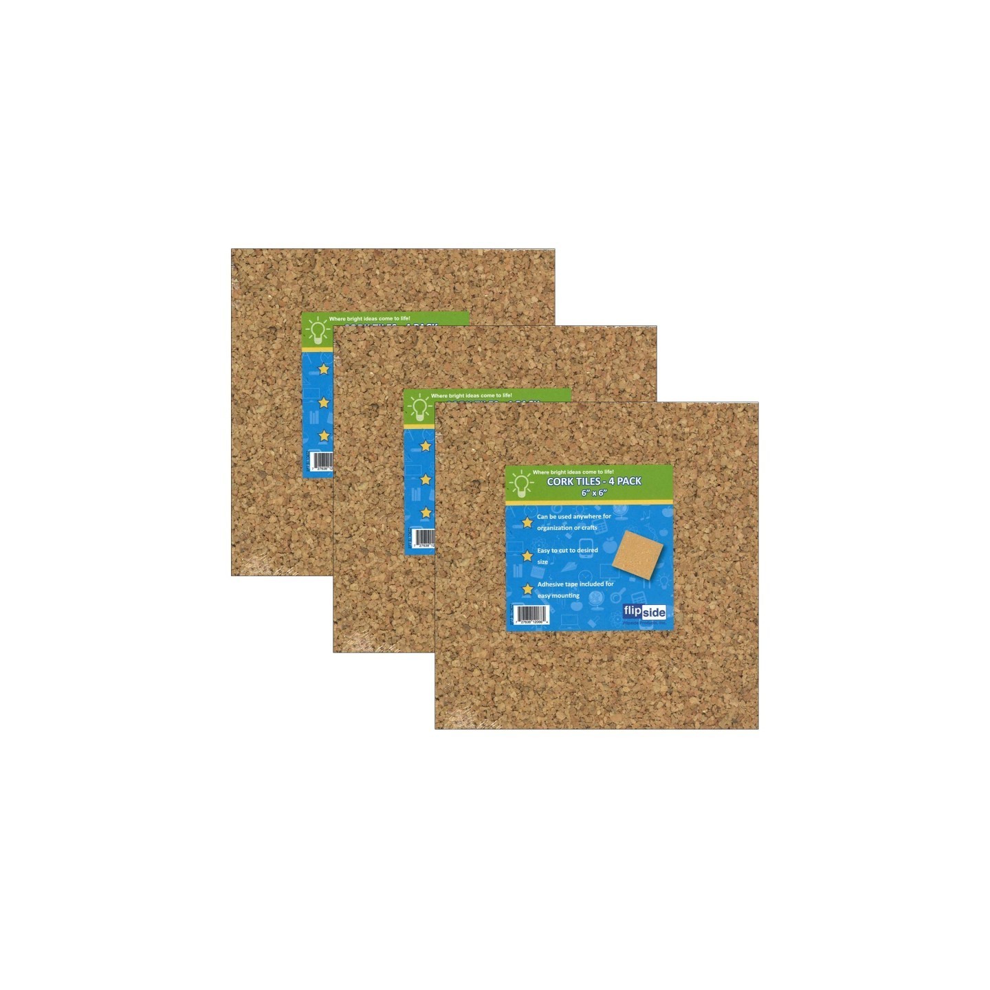 Flipside Products Natural Cork Tiles, 6" x 6", 4 Per Pack, 3 Packs