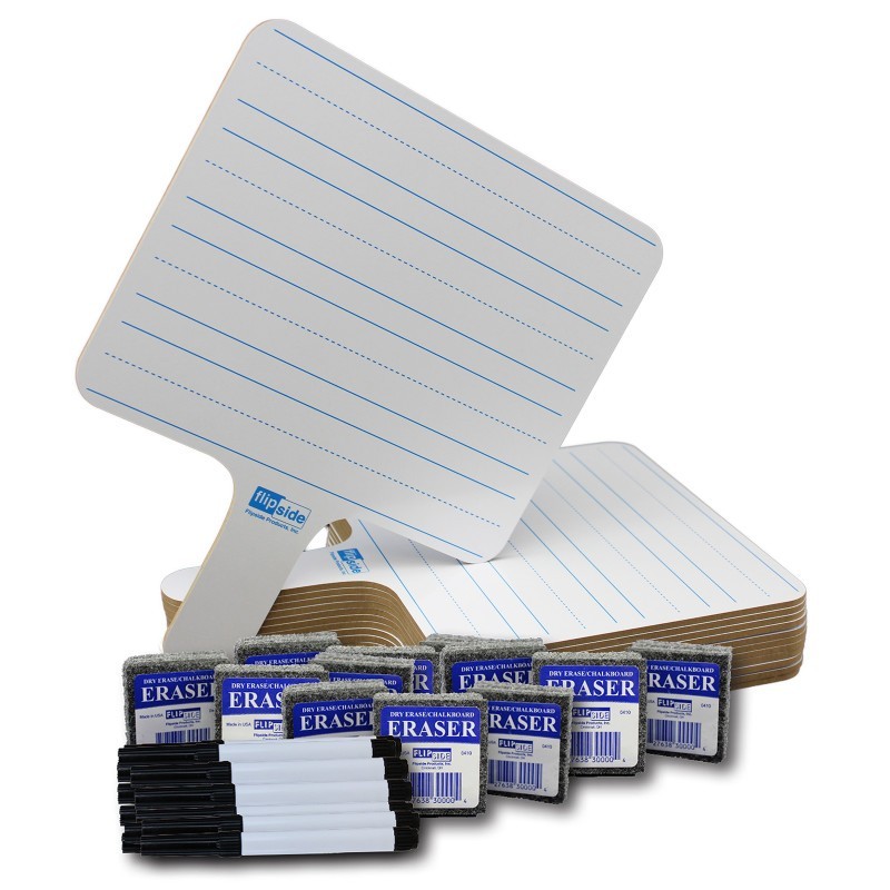 Flipside Products Two-Sided Rectangular Dry Erase Writing Paddles, Pens, and Erasers, Class Pack of 12