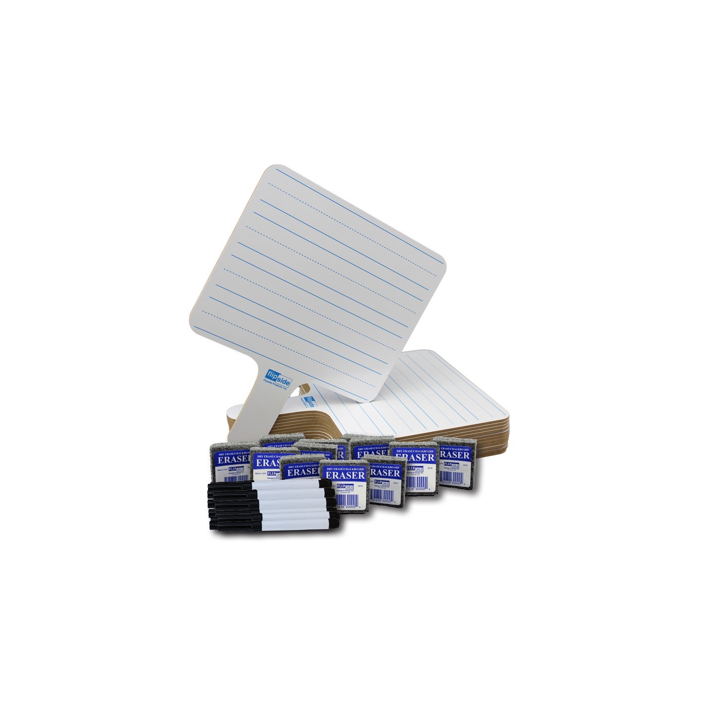 Flipside Products Two-Sided Rectangular Dry Erase Writing Paddles, Pens, and Erasers, Class Pack of 12