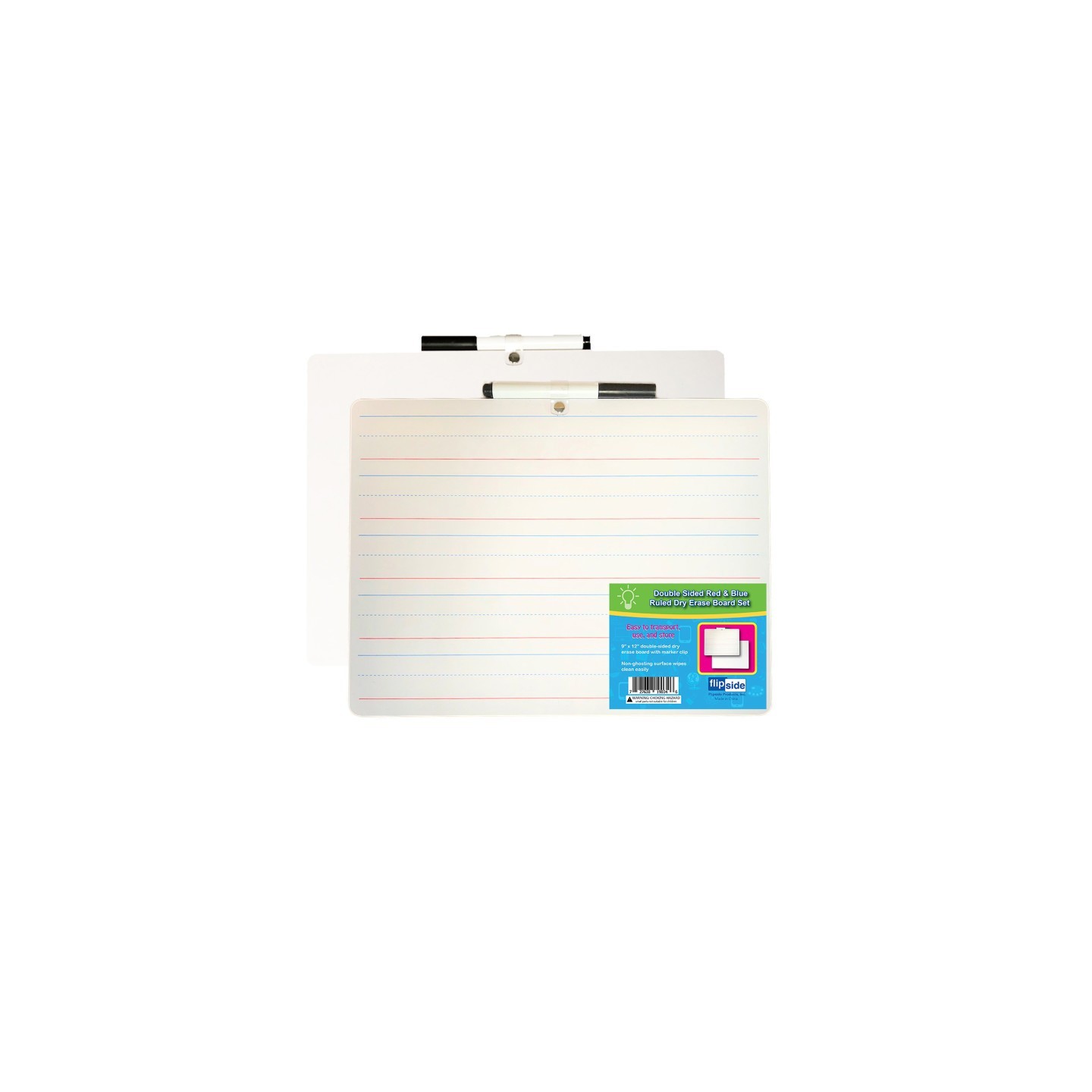 Flipside Products Two-Sided Primary Ruled/Blank Dry Erase Board with Attached Marker, 9" x 12", Single