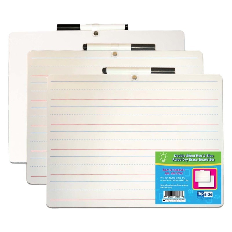 Flipside Products Two-Sided Primary Ruled/Blank Dry Erase Board with Attached Marker, 9" x 12", Pack of 3