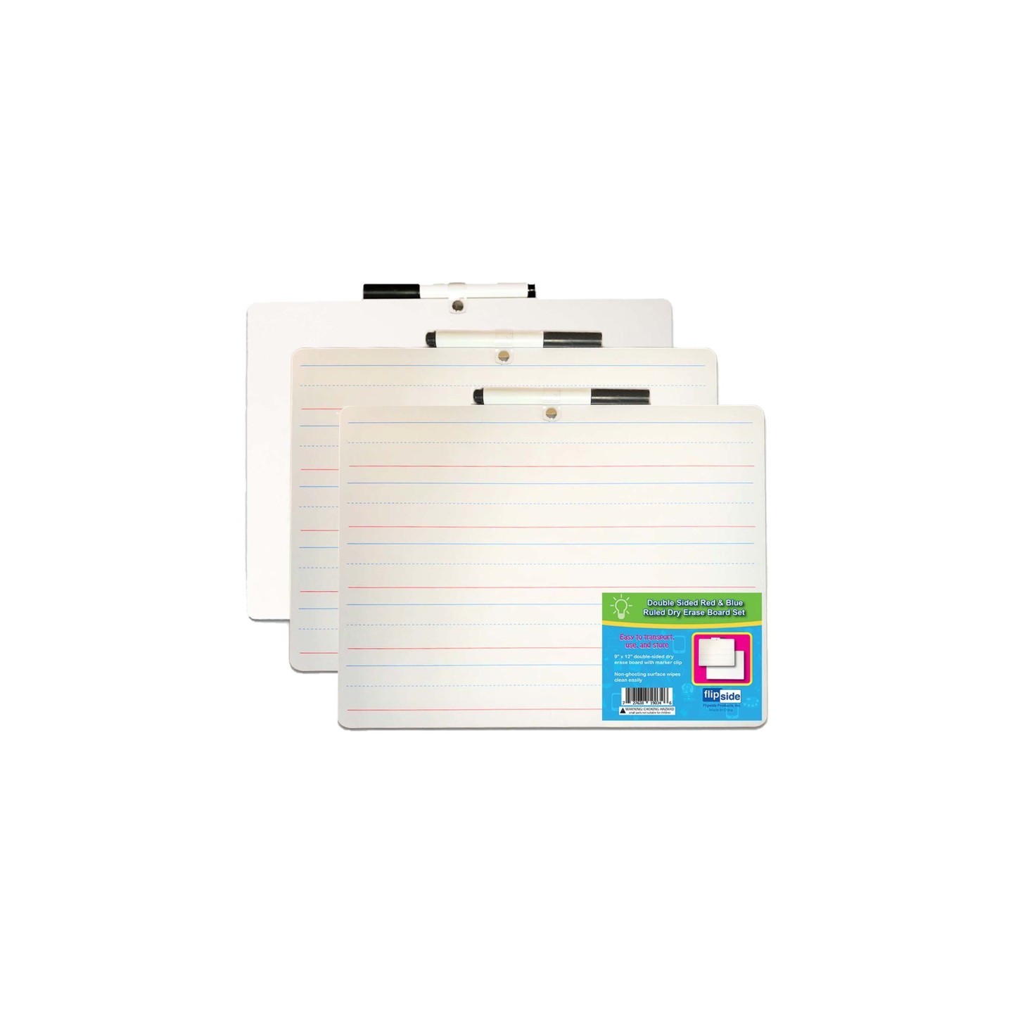 Flipside Products Two-Sided Primary Ruled/Blank Dry Erase Board with Attached Marker, 9" x 12", Pack of 3