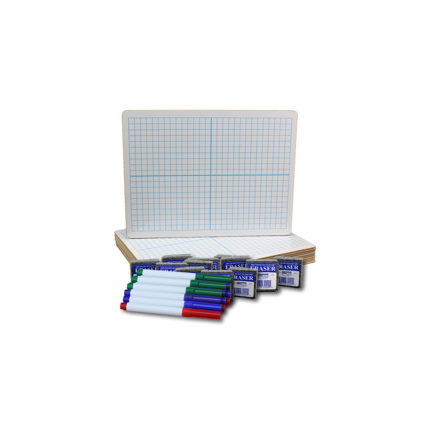 Flipside Products Two-Sided Dry Erase Boards, XY Axis/Plain, 9" x 12", with Colored Pens & Erasers, Class Pack of 12