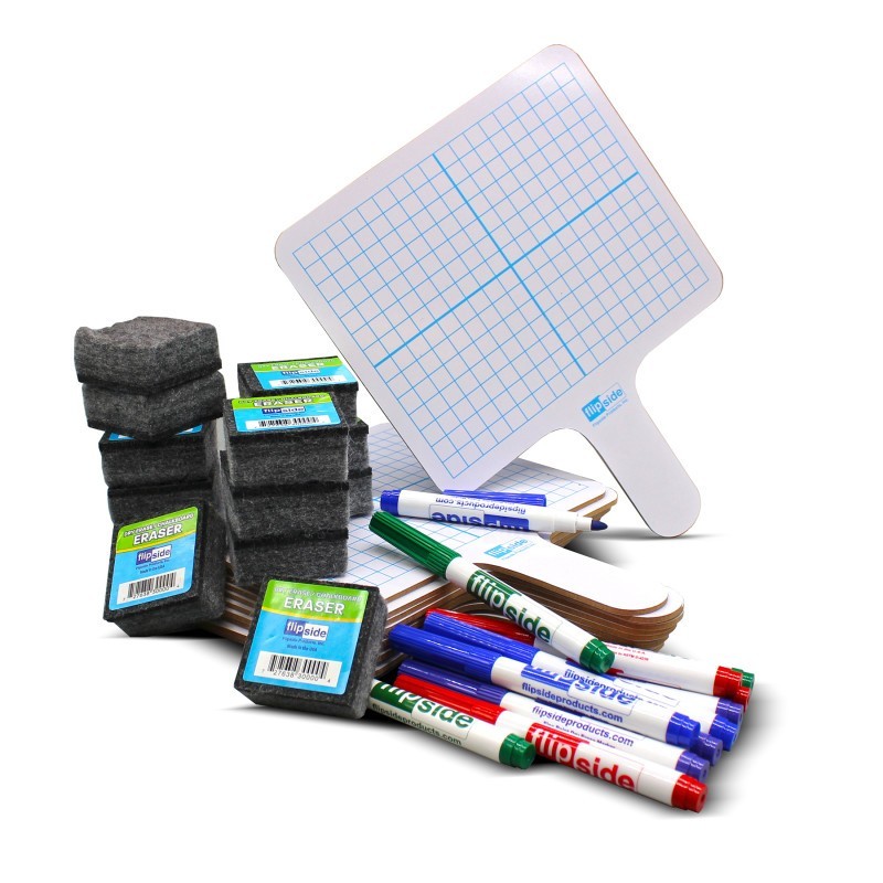 Flipside Products Rectangular Graph Double Sided Dry Erase Answer Paddle, Colored Pens, Erasers, Class Pack of 12