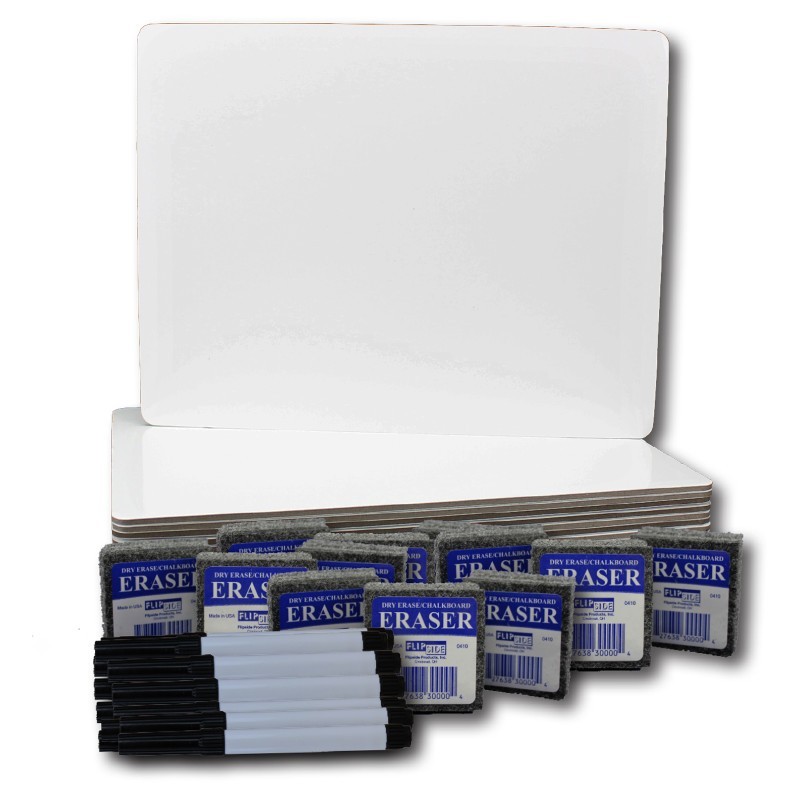 Flipside Products Dry Erase Board 9" x 12" + Pen + Student Eraser Set, 12 Sets