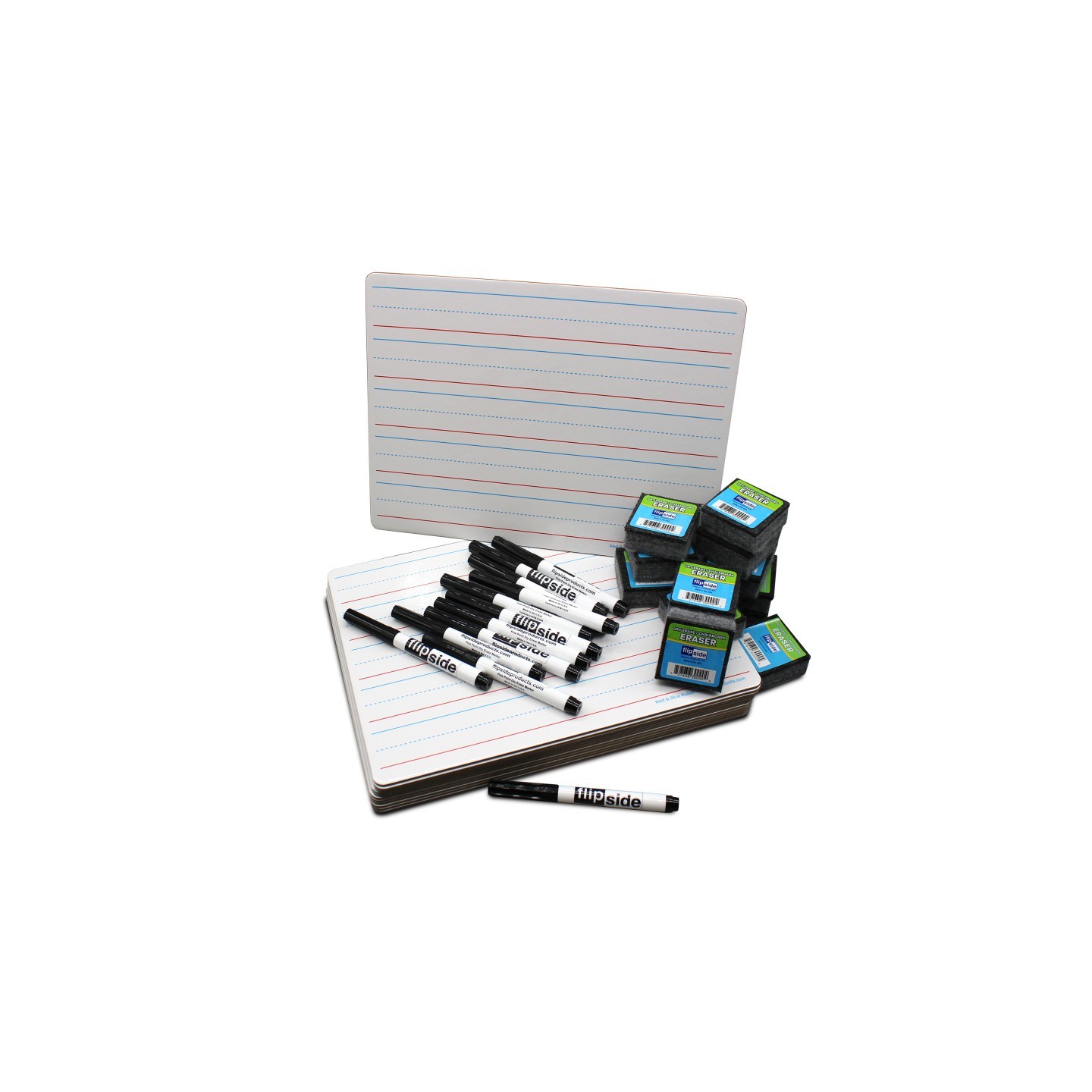 Flipside Products Red & Blue Ruled/Dry Erase Dual Sided Board + Pen + Student Eraser Set, 12 Sets
