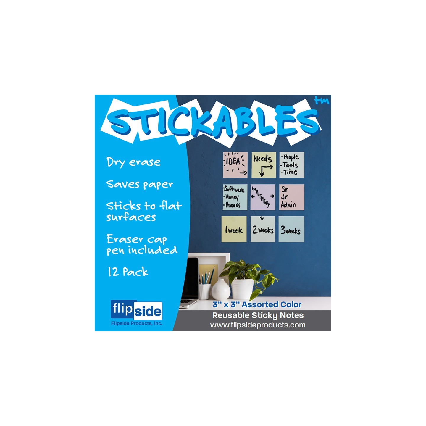 Flipside Products Dry Erase Stickables with Dry Erase Marker, Pastel Assorted, 3" x 3", Pack of 12