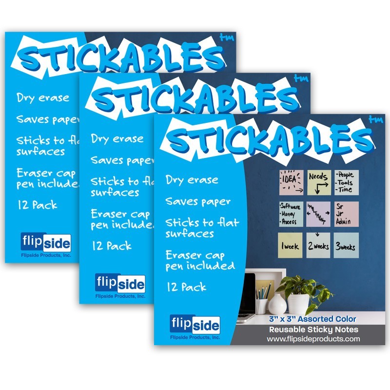 Flipside Products Dry Erase Stickables with Dry Erase Marker, Pastel Assorted, 3" x 3", 12 Per Pack, 3 Packs