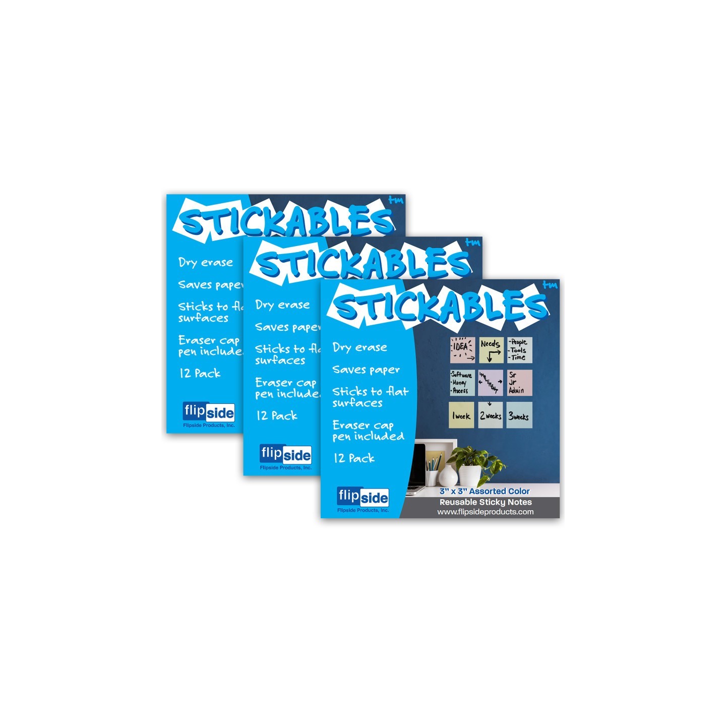 Flipside Products Dry Erase Stickables with Dry Erase Marker, Pastel Assorted, 3" x 3", 12 Per Pack, 3 Packs
