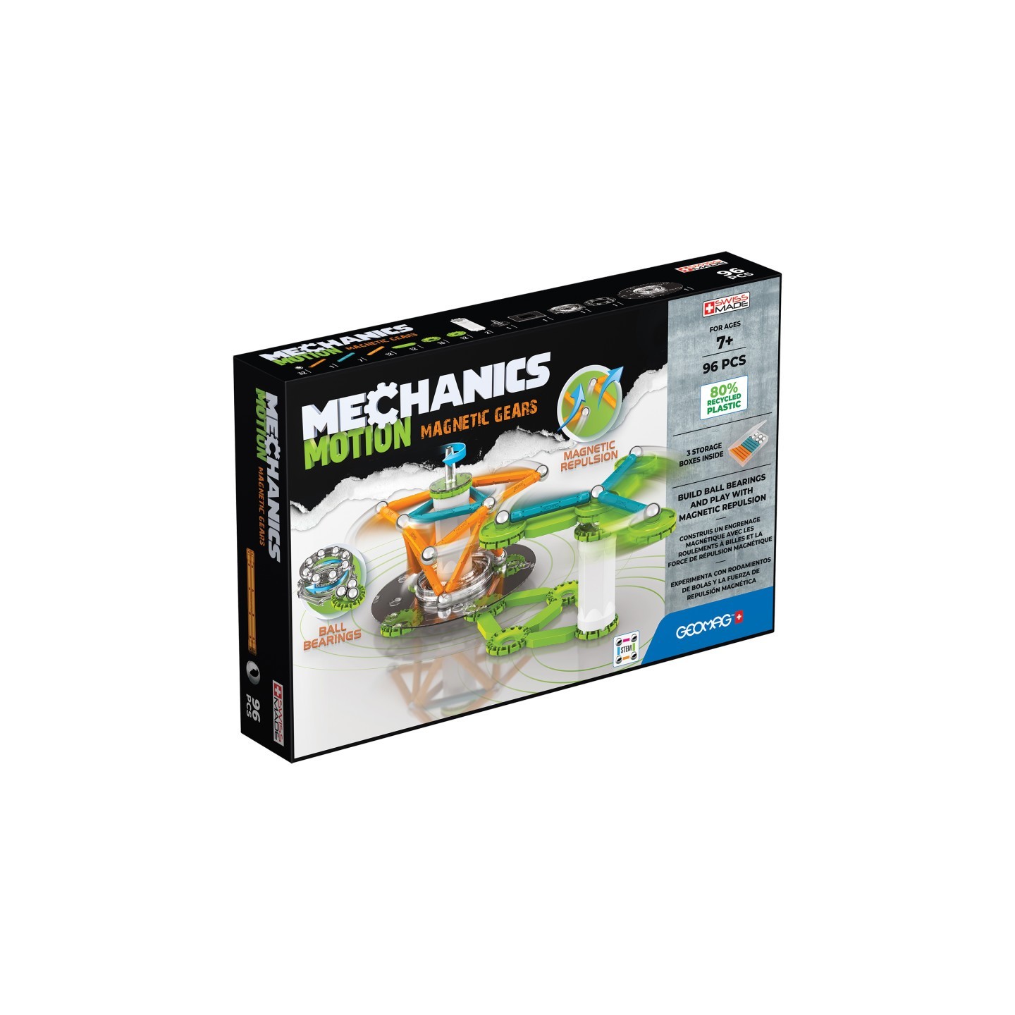 Geomag™ Mechanics Motion Construction Set, Magnetic Gears Recycled, 96 Pieces