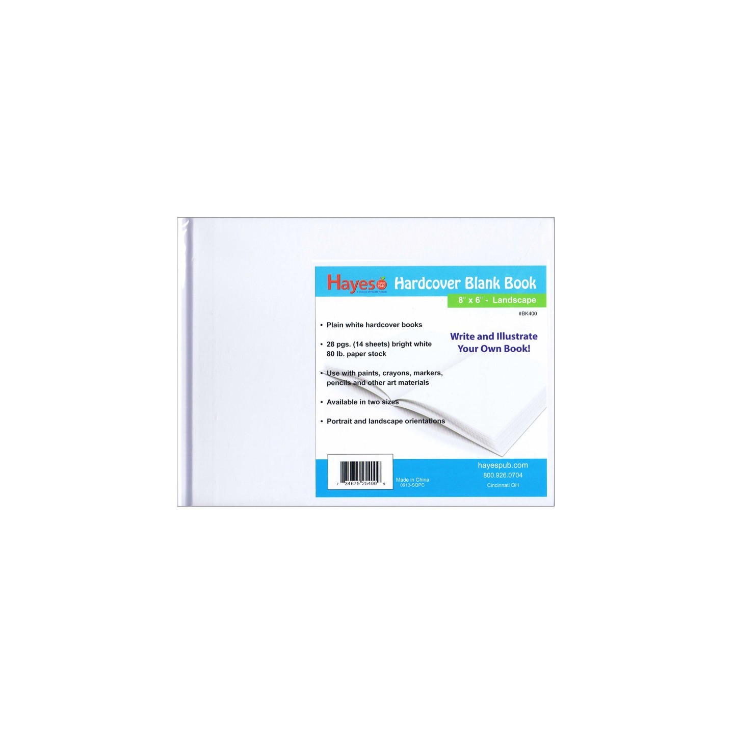 Hayes Publishing Plain White Blank Hardcover Book, 28 Pages/14 Sheets, 8" x 6"