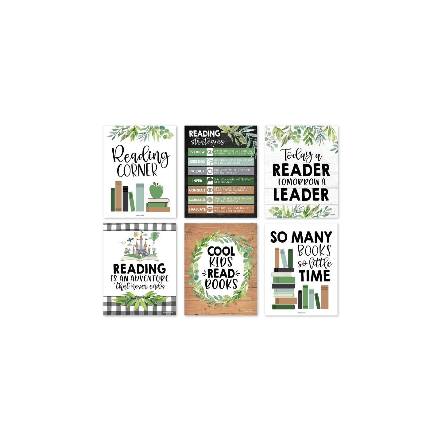 Hadley Designs Farmhouse Greenery Reading Posters For Classroom Library Decor, Set of 6