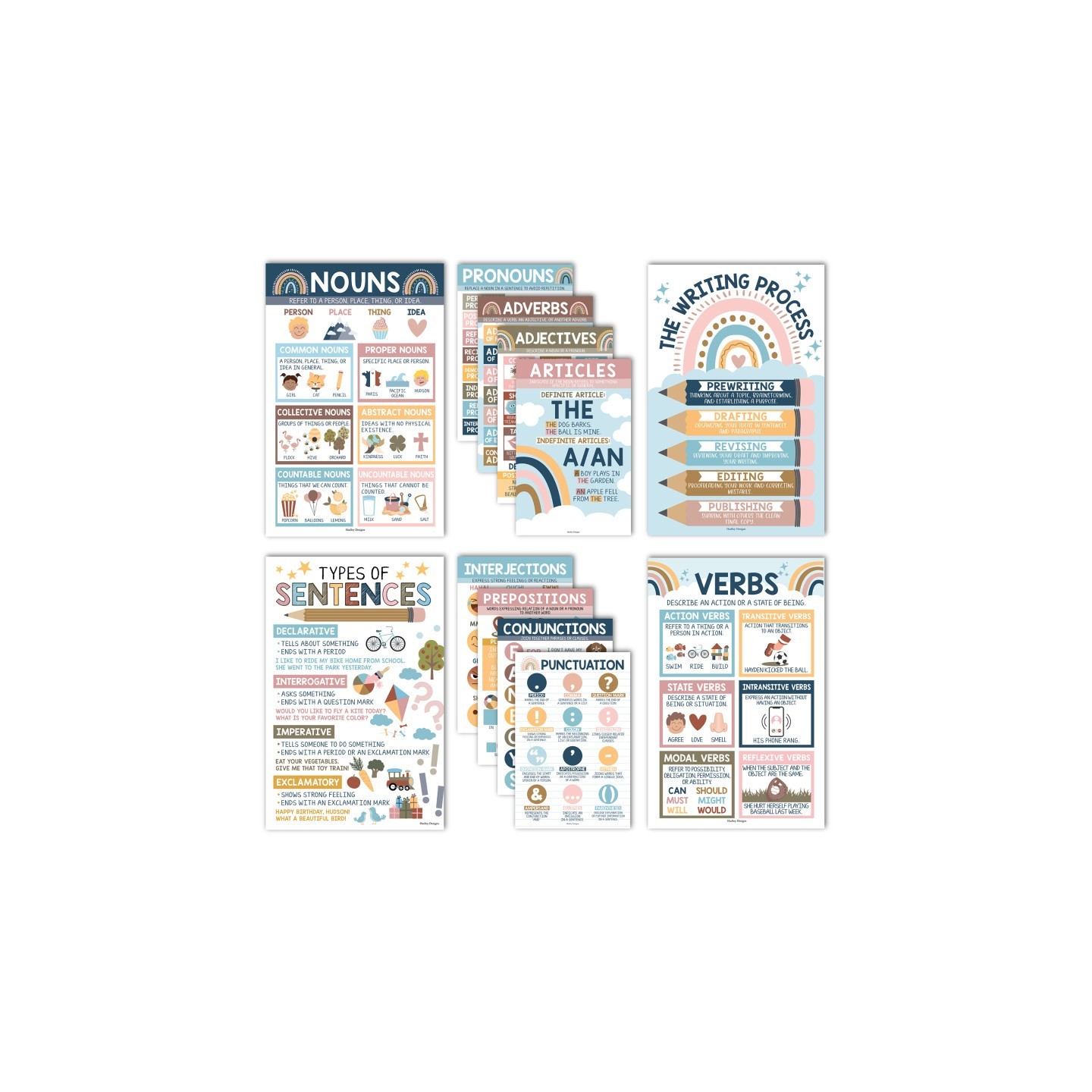 Hadley Designs Boho Parts of Speech Language Arts and Grammar Laminated Posters, Set of 12