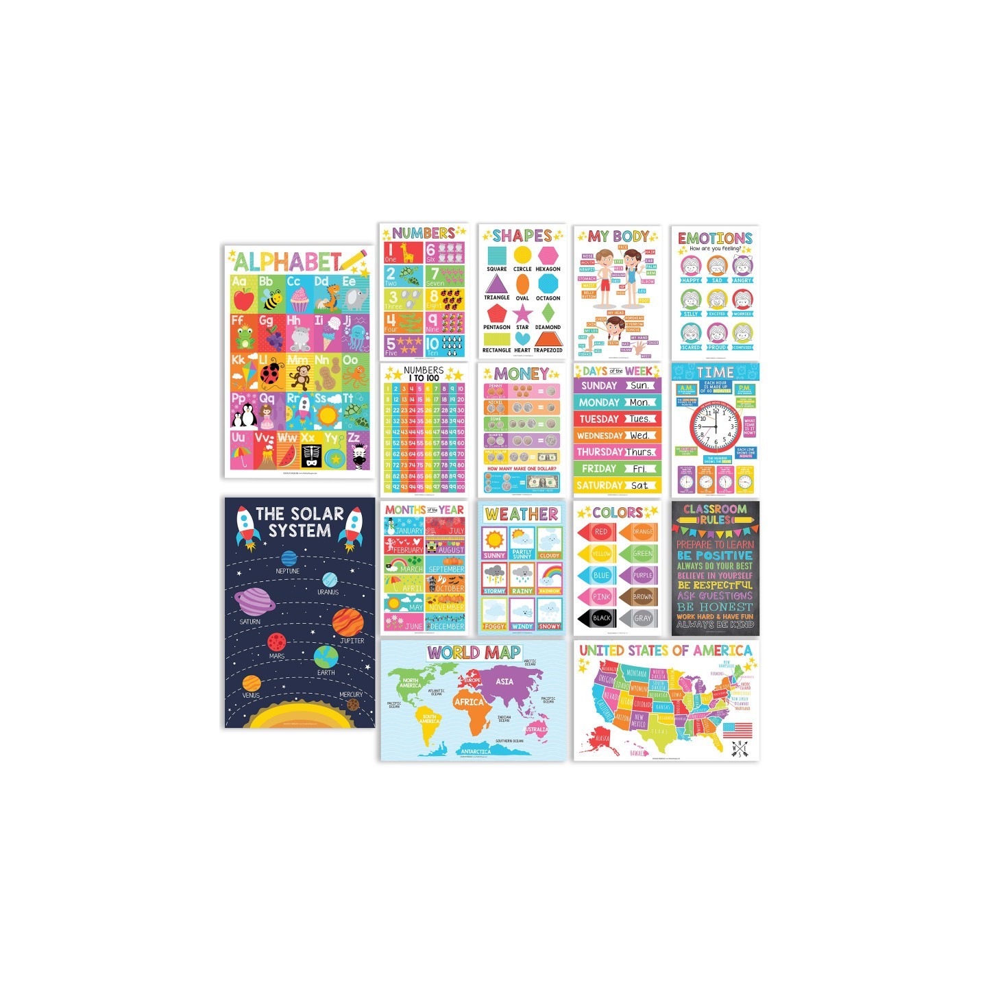 Hadley Designs Colorful Preschool Educational Laminated Posters For Toddlers, Set of 16