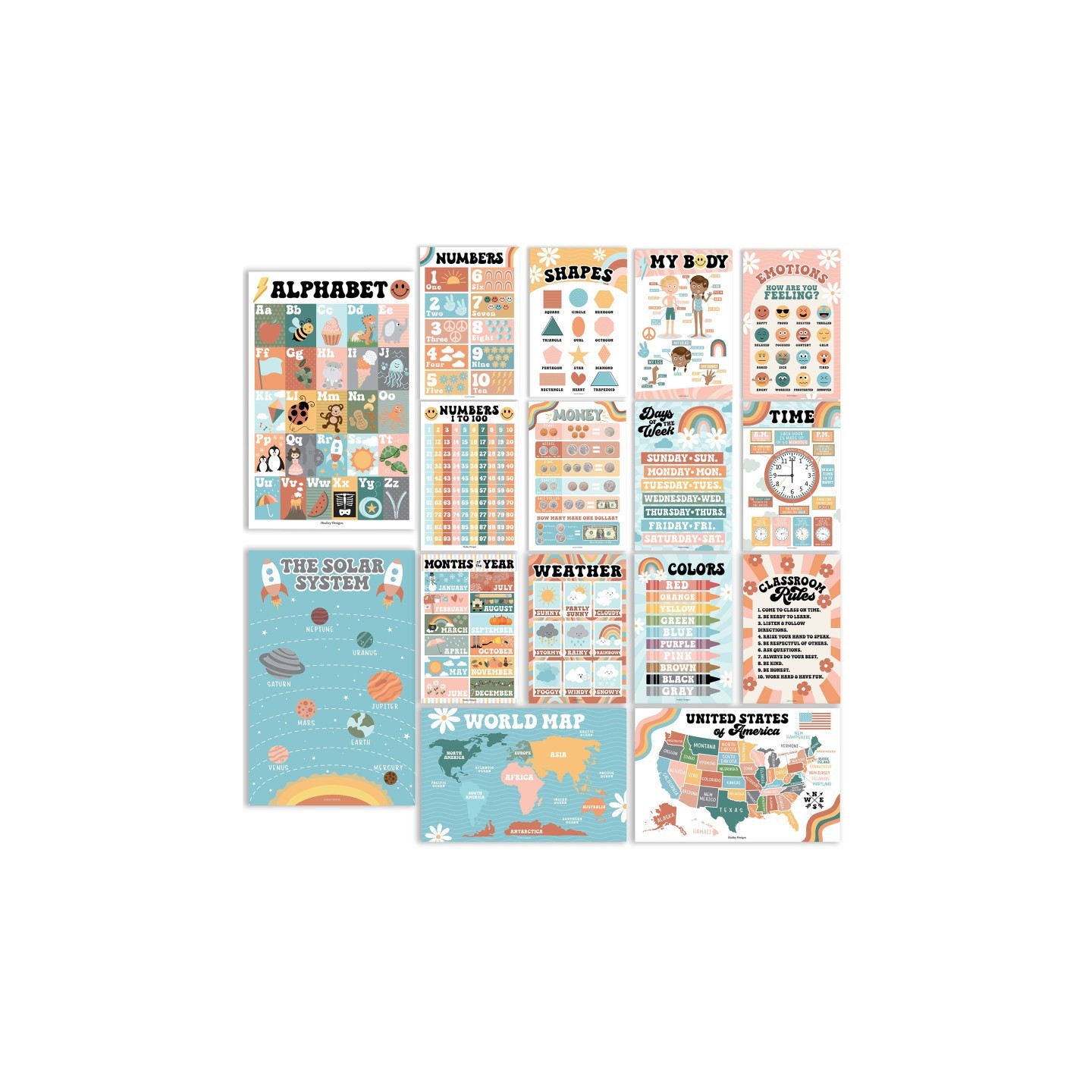 Hadley Designs Retro Boho Preschool Educational Laminated Posters For Toddlers, Set of 16