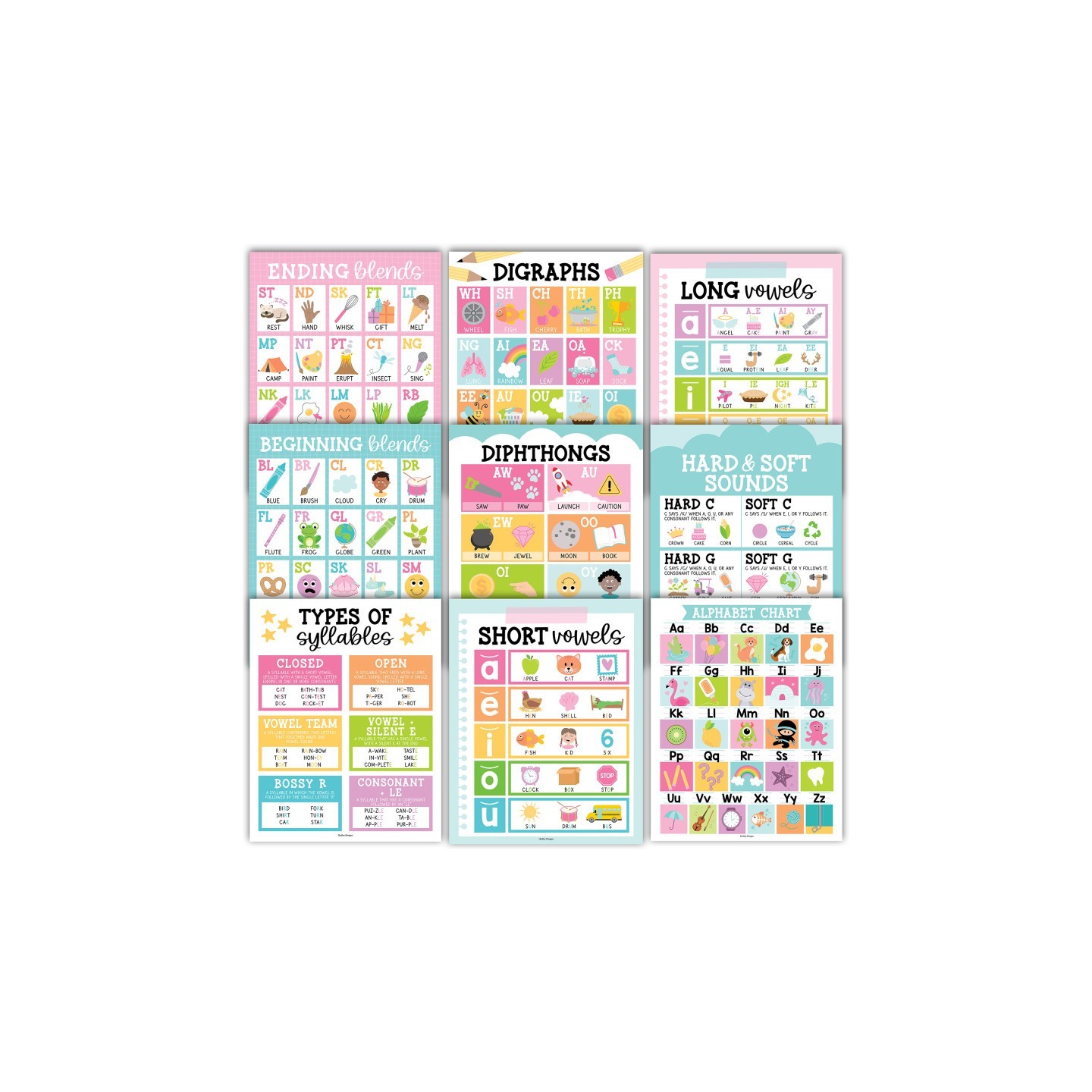 Hadley Designs Colorful Sound Wall Phonics and Vowels English Posters, Set of 9