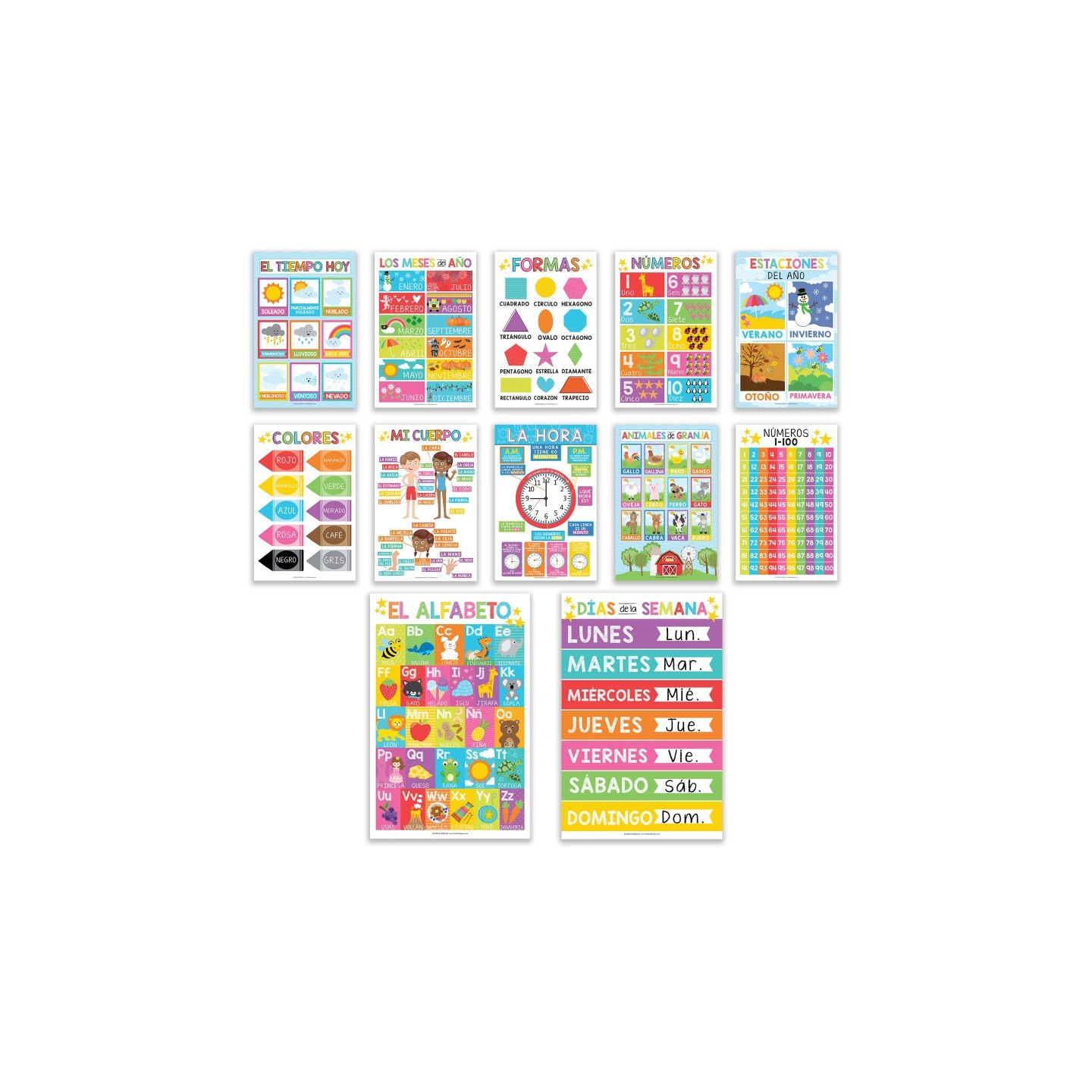Hadley Designs Colorful Spanish Preschool Educational Laminated Posters, Set of 12