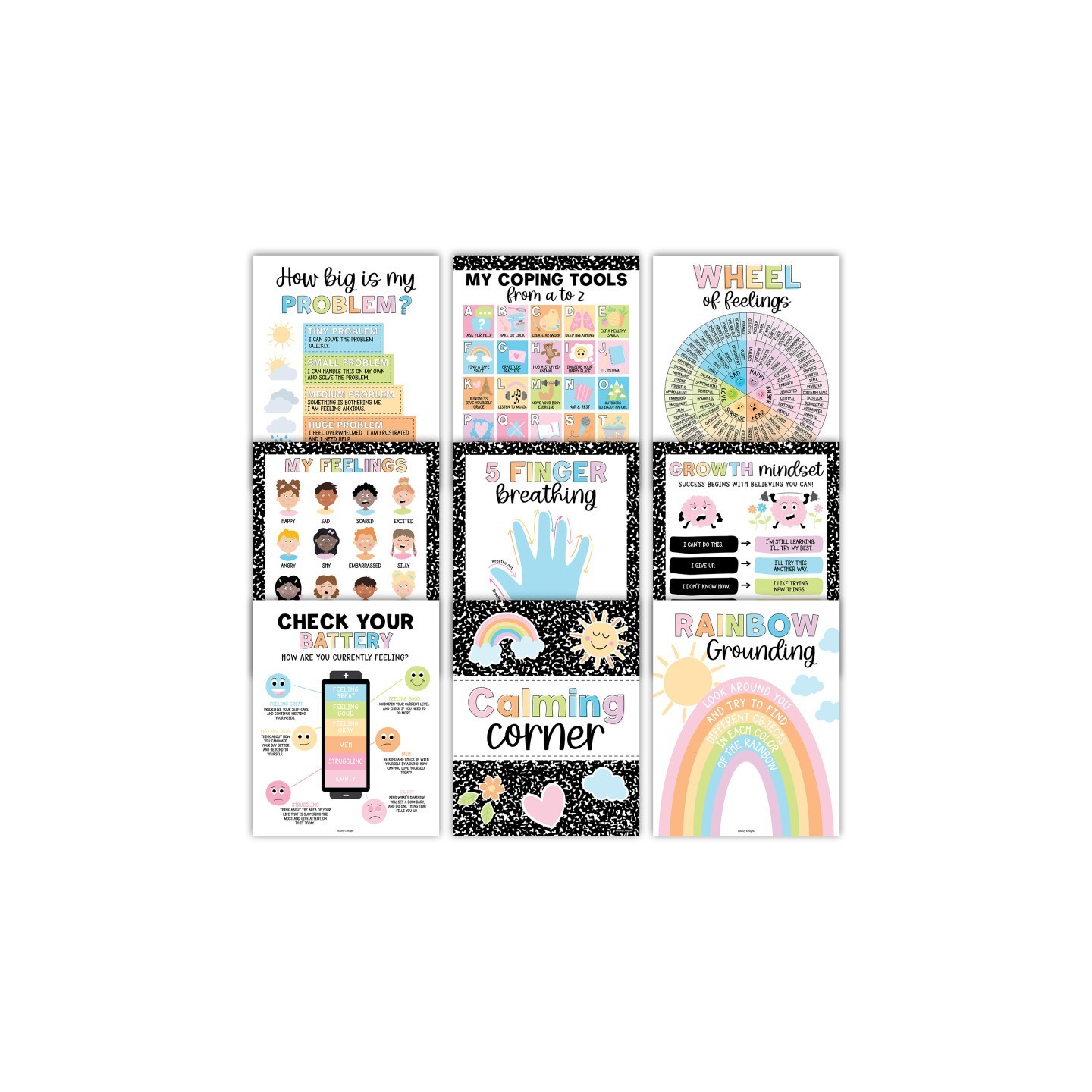 Hadley Designs Colorful Dark Calming Corner and Feelings Chart Posters, Set of 9