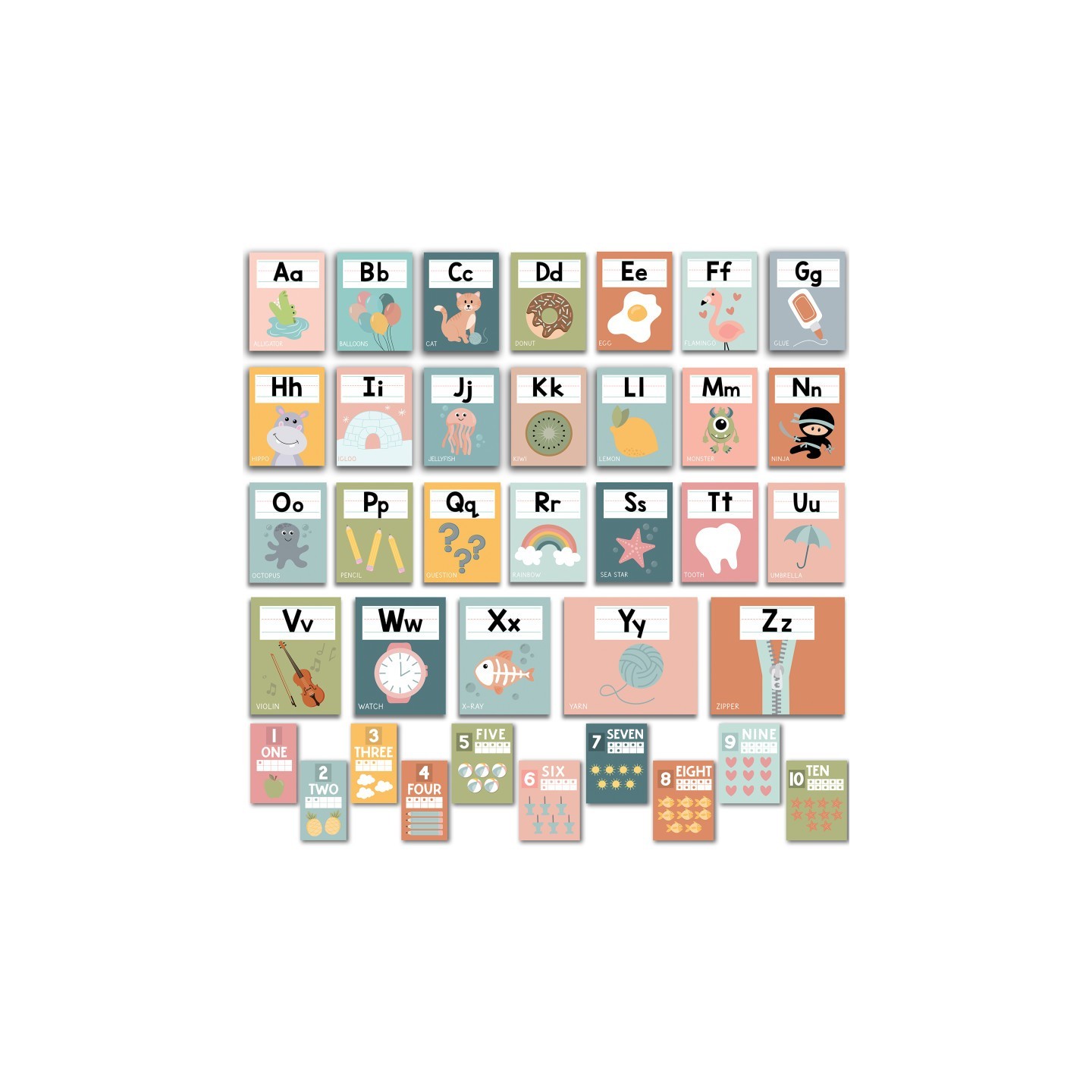 Hadley Designs Boho Muted Number Line and Alphabet Letters For Classroom Wall, Set of 12