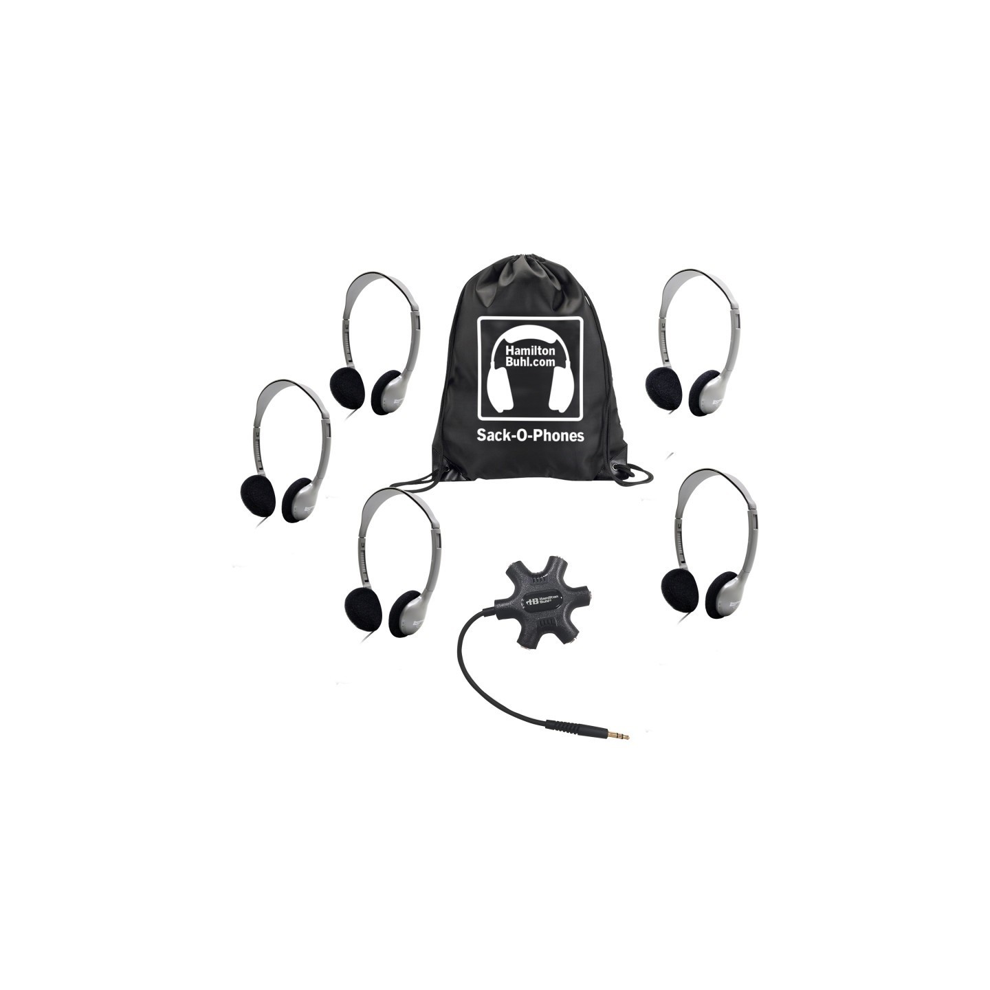 HamiltonBuhl® Galaxy™ Econo-Line of Sack-O-Phones with 5 Personal-Sized HA2 Headphones, Starfish Jackbox and Carry Bag