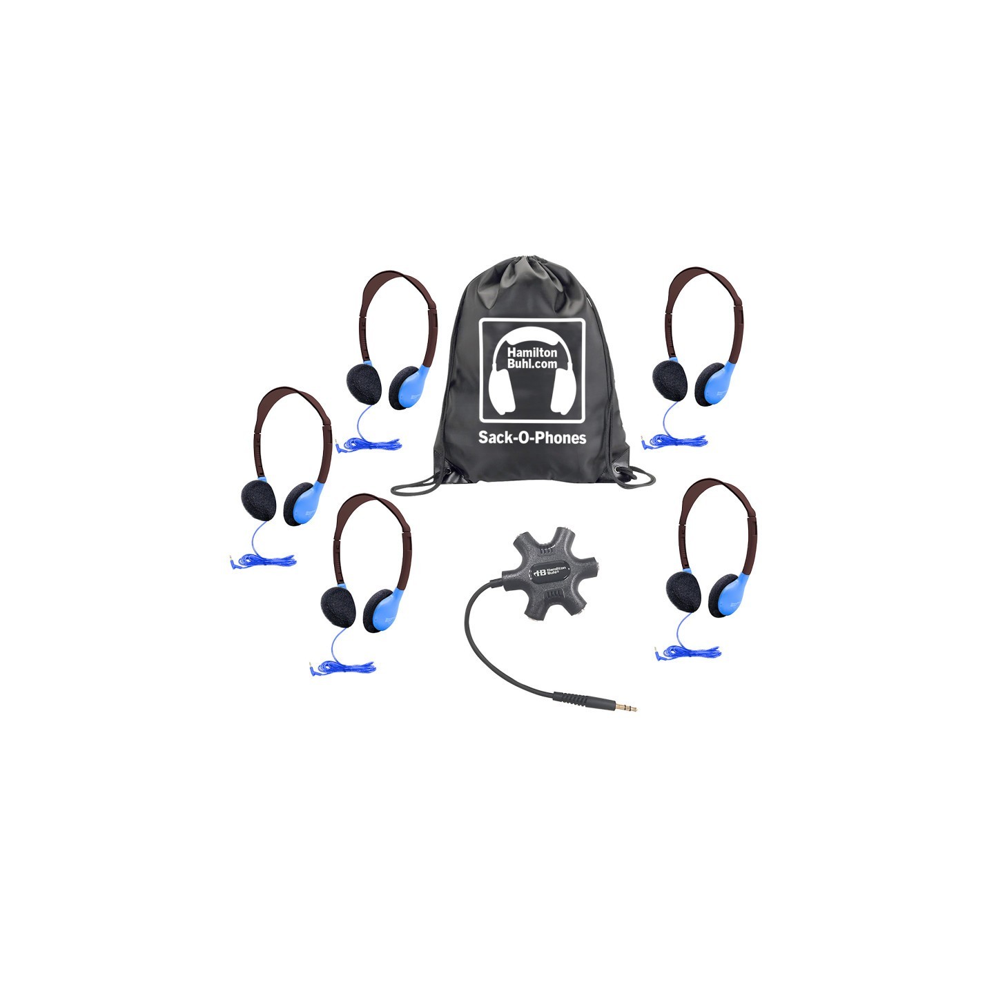 HamiltonBuhl® Galaxy™ Econo-Line of Sack-O-Phones with 5 Blue Personal-Sized Headphones, Starfish Jackbox and Carry Bag