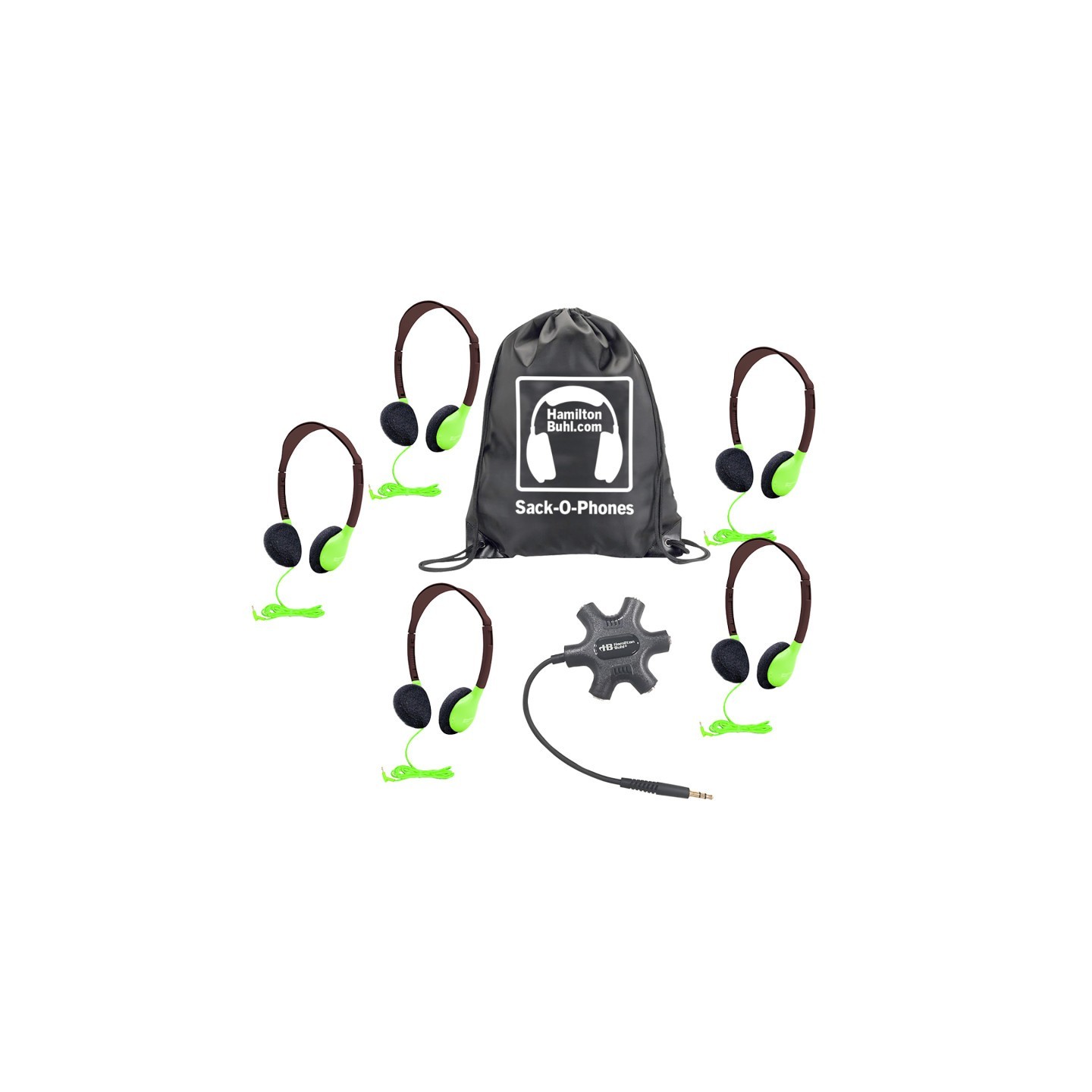 HamiltonBuhl® Galaxy™ Econo-Line of Sack-O-Phones with 5 Green Personal-Sized Headphones, Starfish Jackbox and Carry Bag