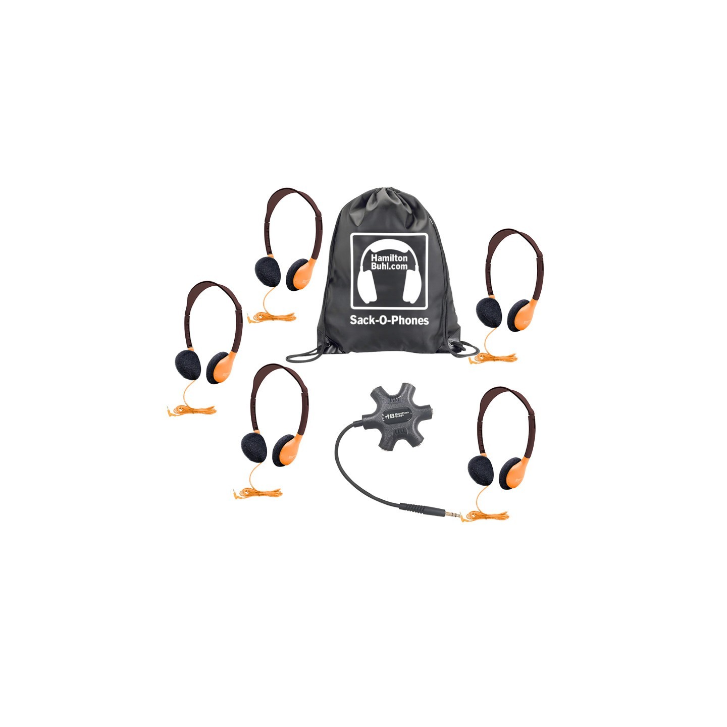 HamiltonBuhl® Galaxy™ Econo-Line of Sack-O-Phones with 5 Orange Personal-Sized Headphones, Starfish Jackbox and Carry Bag