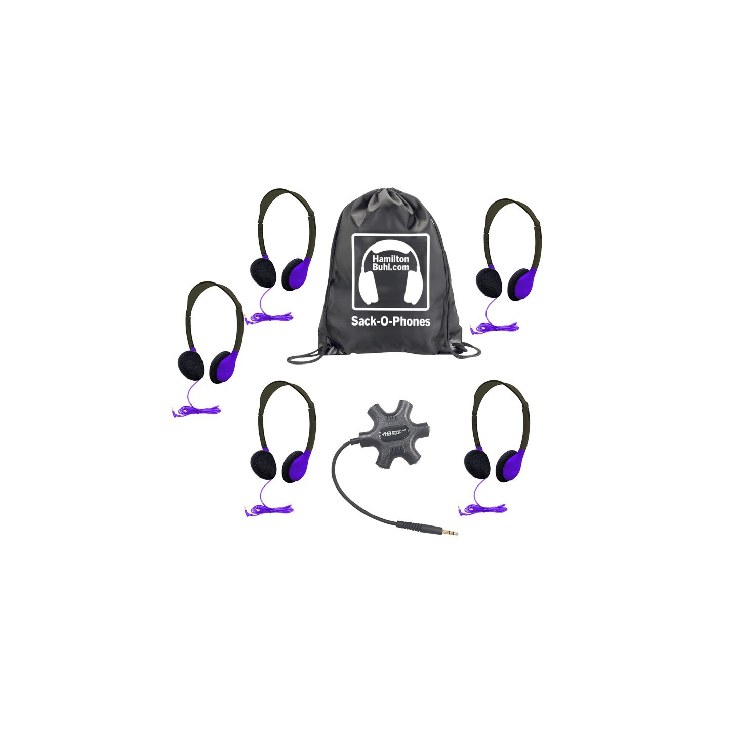 HamiltonBuhl® Galaxy™ Econo-Line of Sack-O-Phones with 5 Purple Personal-Sized Headphones, Starfish Jackbox and Carry Bag
