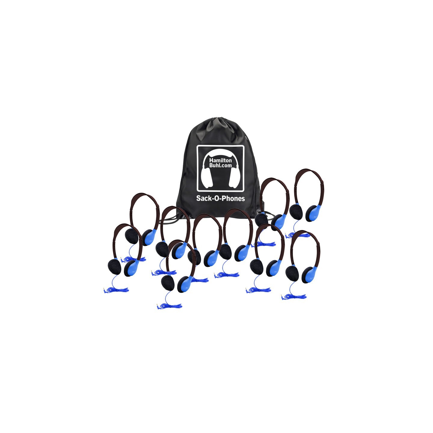 HamiltonBuhl® Sack-O-Phones, 10 Personal Headphones in a Carry Bag, Blue