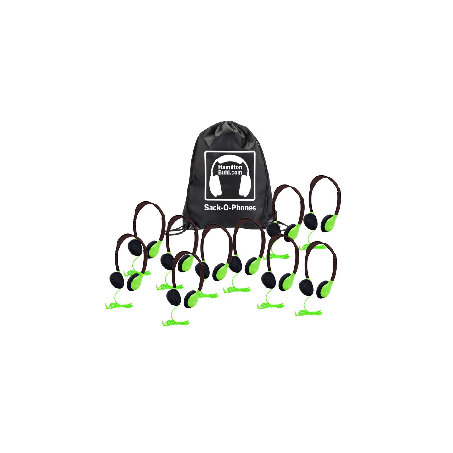 HamiltonBuhl® Sack-O-Phones, 10 Personal Headphones in a Carry Bag, Green