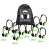 HamiltonBuhl® Sack-O-Phones, 10 Personal Headphones in a Carry Bag, Green