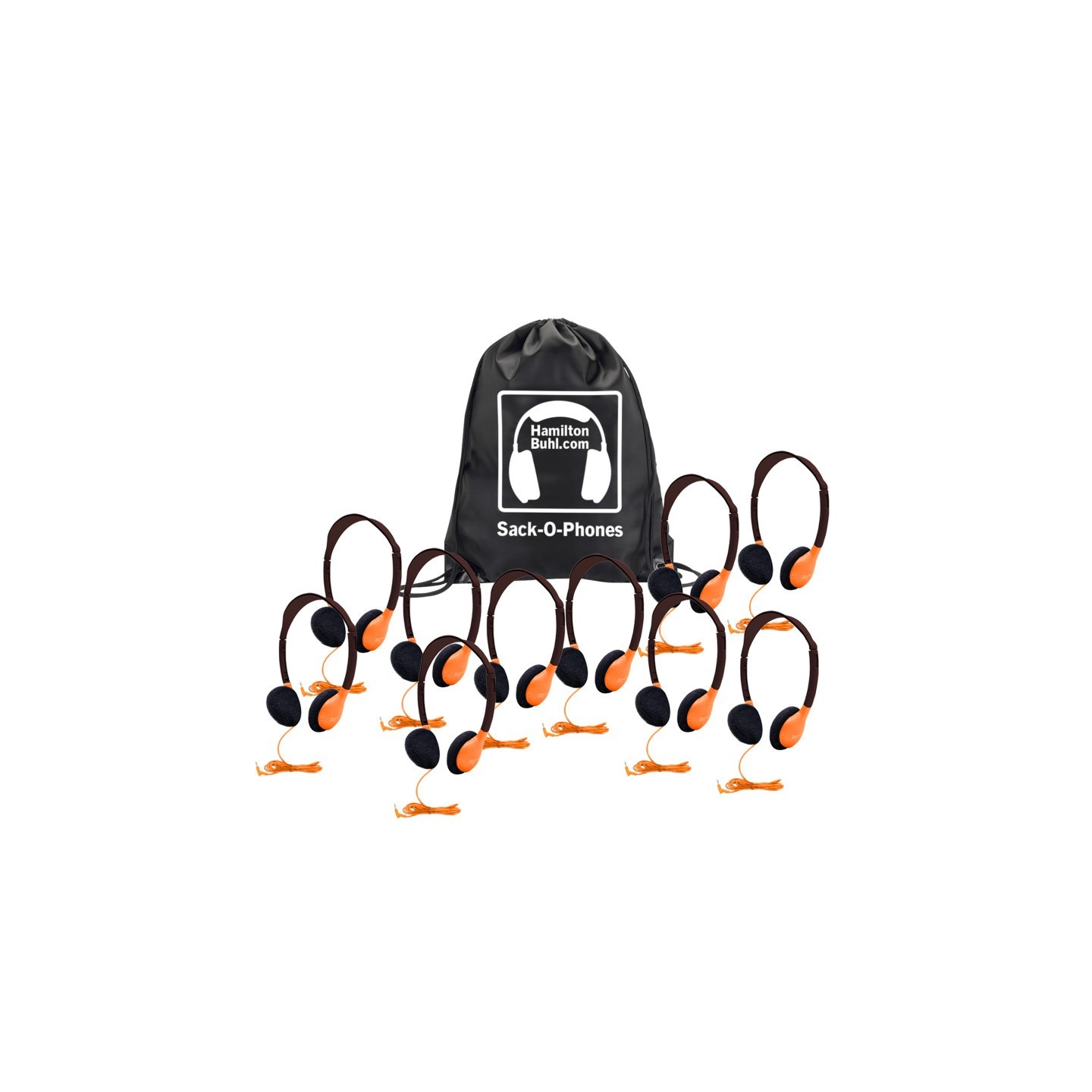 HamiltonBuhl® Sack-O-Phones, 10 Personal Headphones in a Carry Bag, Orange